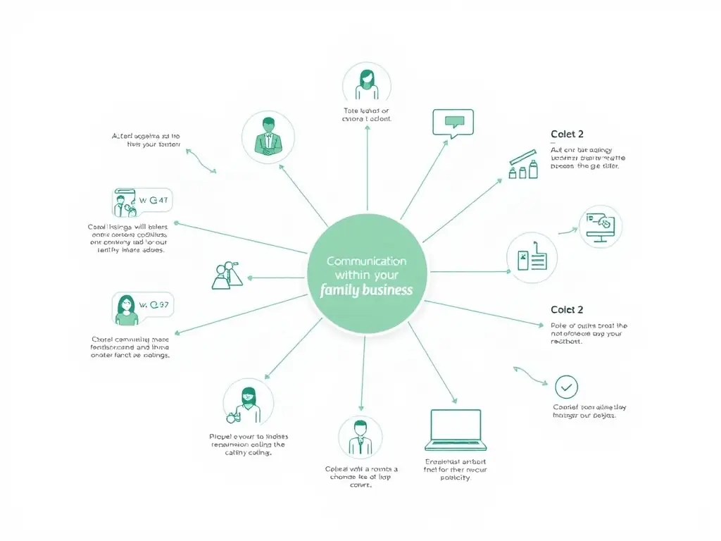 A clear and concise infographic illustrating improved communication flow within a family business, highlighting the benefits of integrated communication systems.