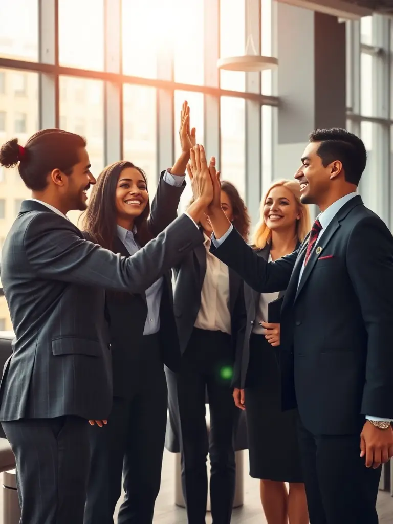 A legal team celebrating a successful case outcome, highlighting the positive impact of strong leadership on team morale.