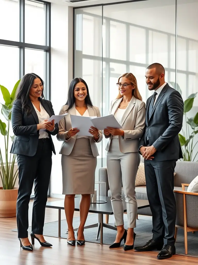 A diverse team of legal professionals collaborating in a bright, open workspace, representing improved teamwork and communication within the firm.