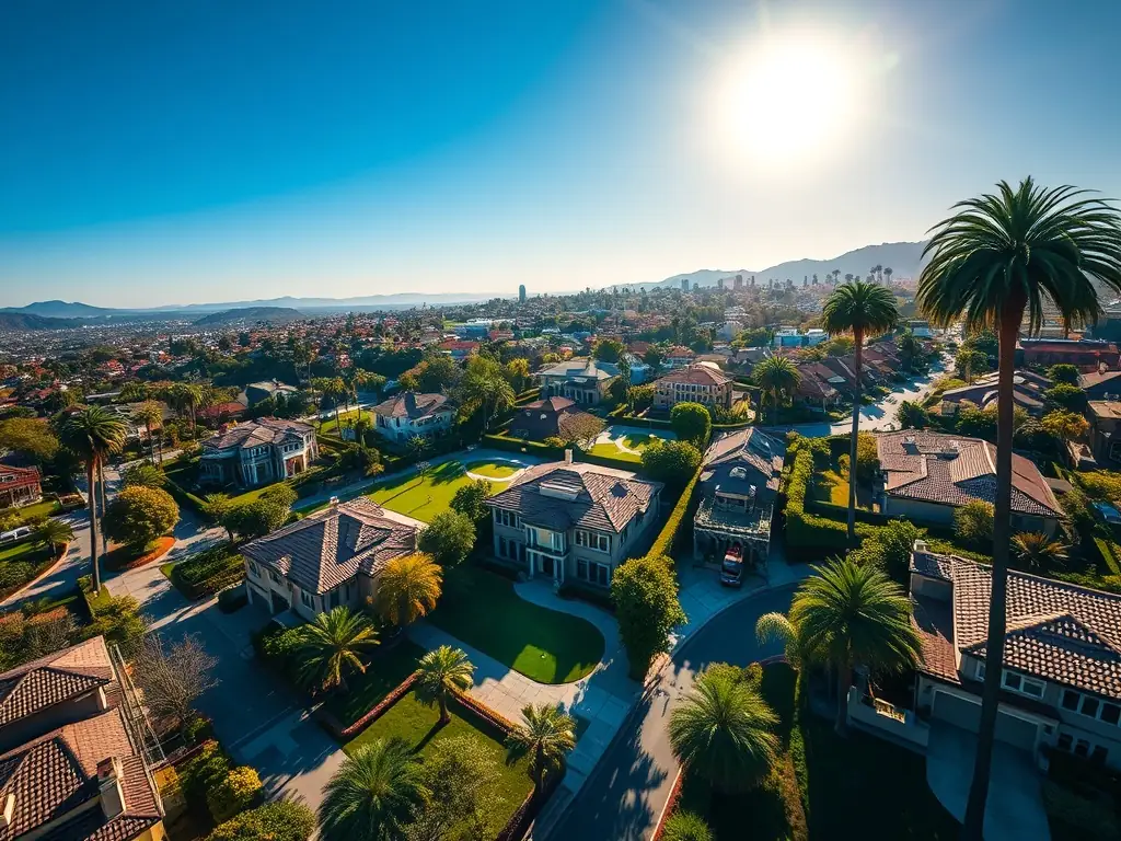 A high-angle, sun-drenched view of Beverly Hills, California, showcasing luxury homes and lush landscapes, symbolizing the high-end real estate market.