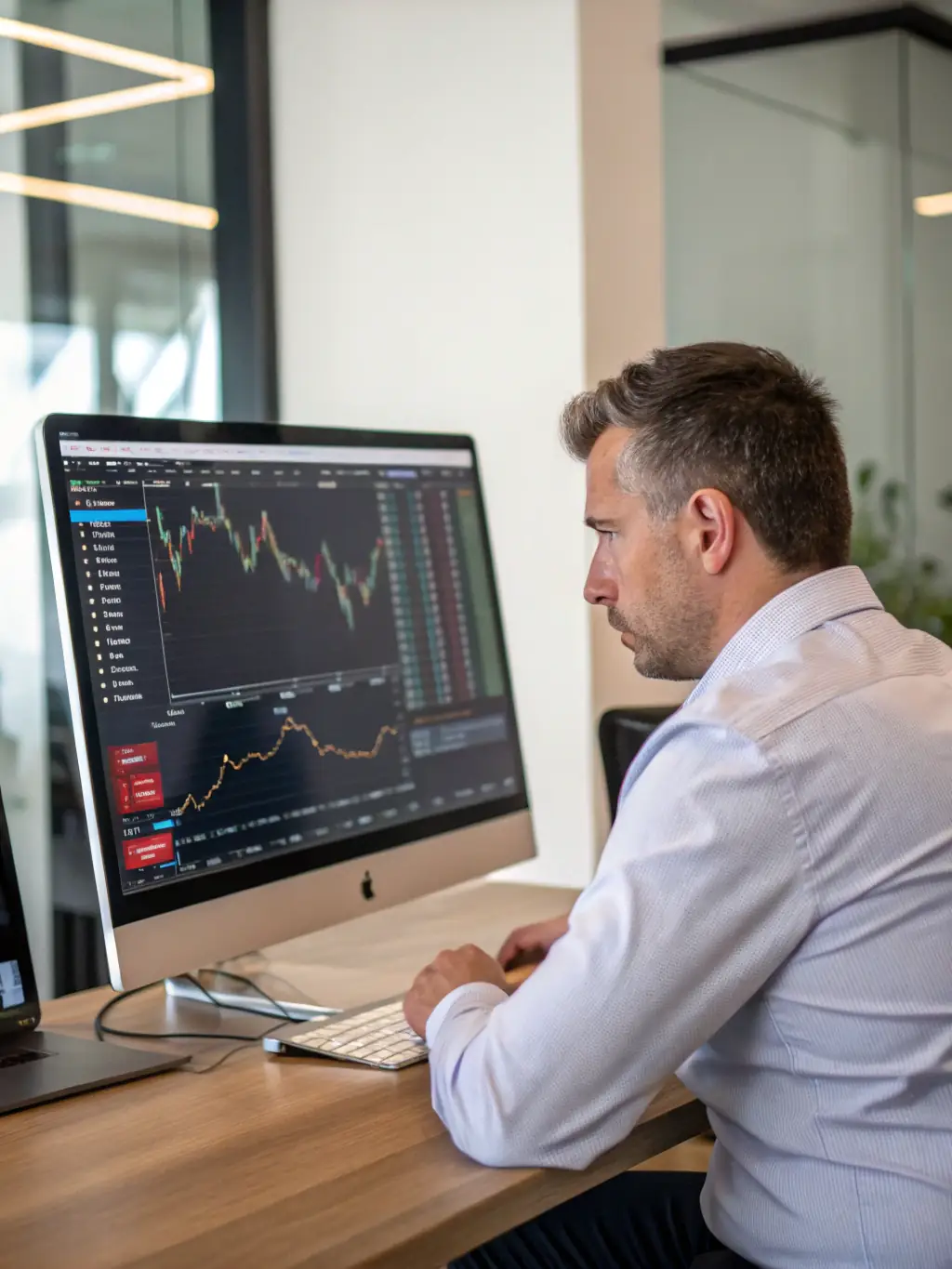 A professional advisor is using AI-powered software to analyze complex financial data on a computer screen, with charts and graphs illustrating global market trends.