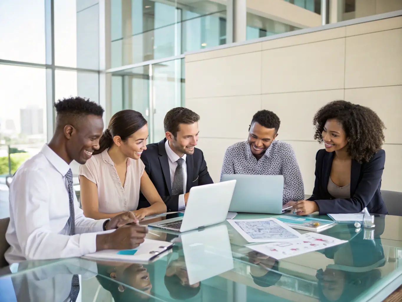 A diverse team of AI specialists and legal professionals working together, showcasing the collaborative approach to AI implementation in legal settings.