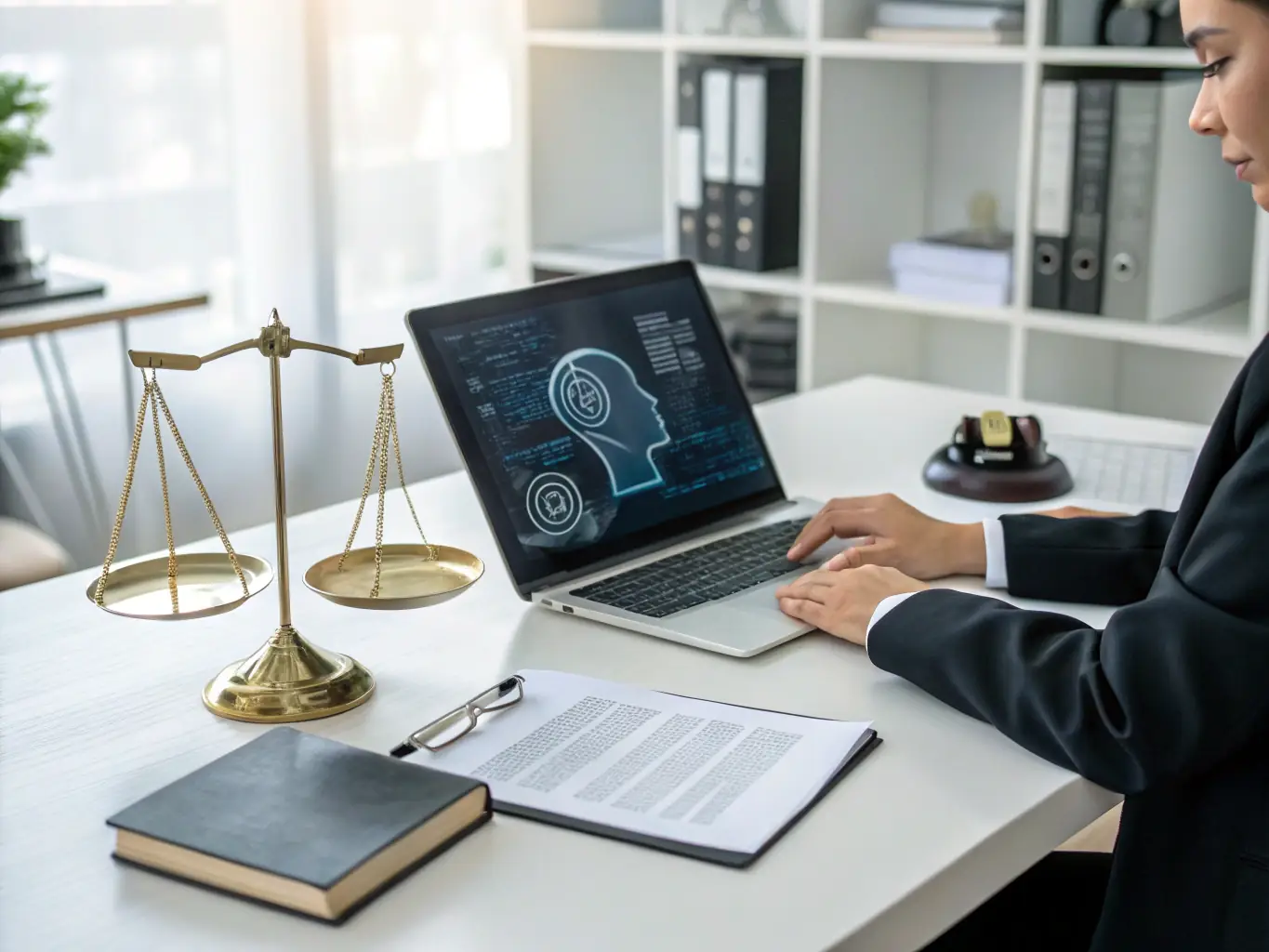 A digital illustration showcasing AI communication workflows for a law firm, with automated email responses, chatbot interactions, and personalized client updates.