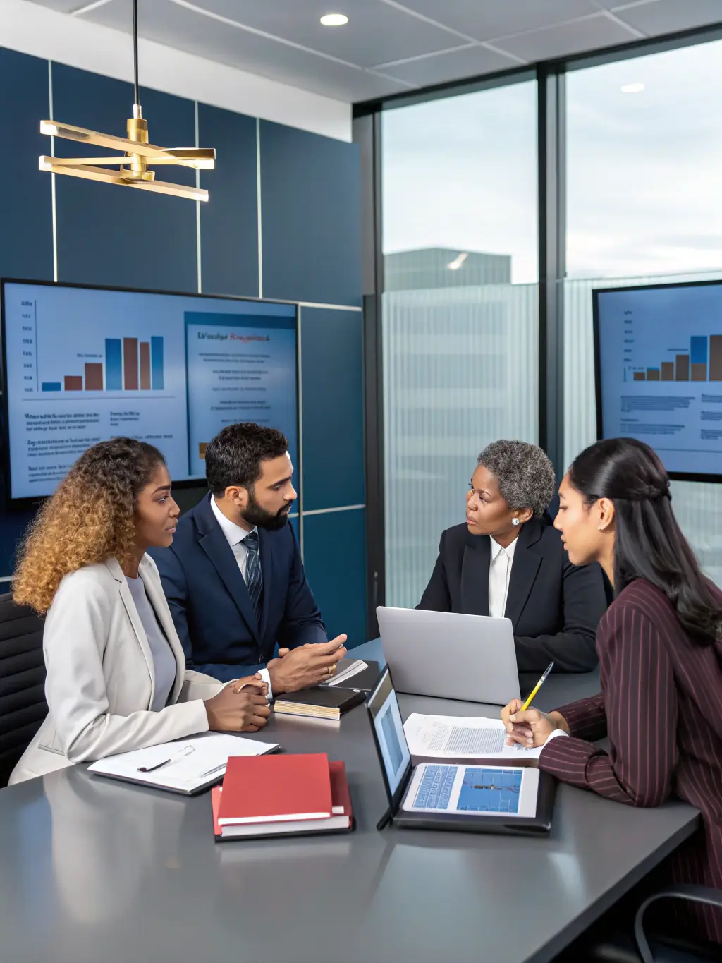A professional legal team in a modern office setting, reviewing AI compliance documents with serious expressions, ensuring adherence to regulatory standards.