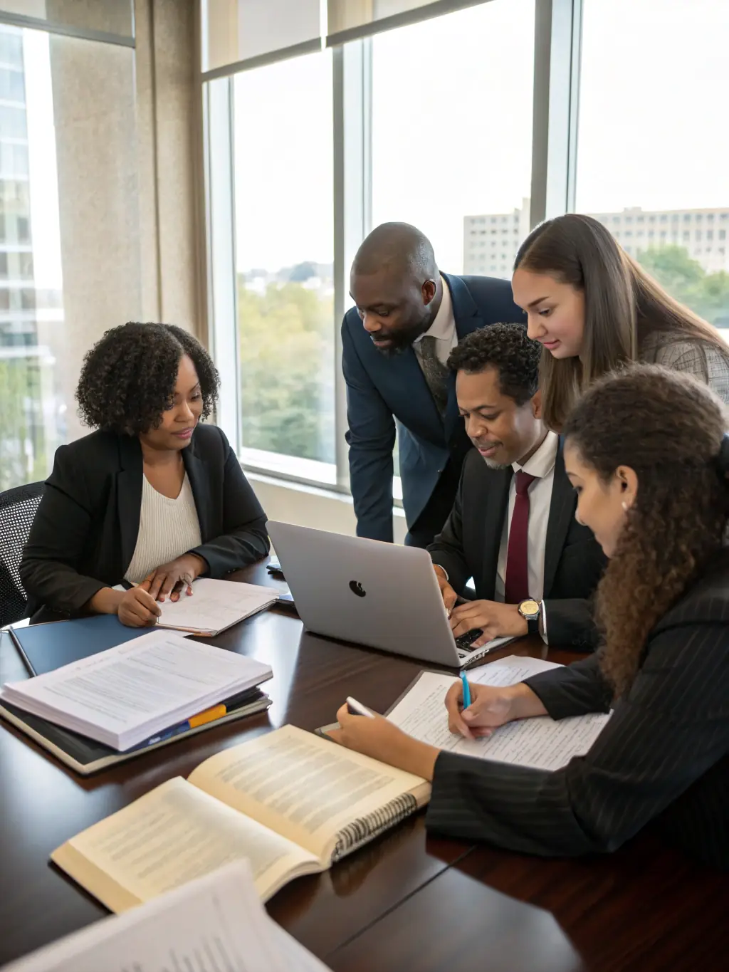 A diverse team of legal professionals collaborating in a modern office space, showcasing the benefits of a multidisciplinary approach to law firm consulting.
