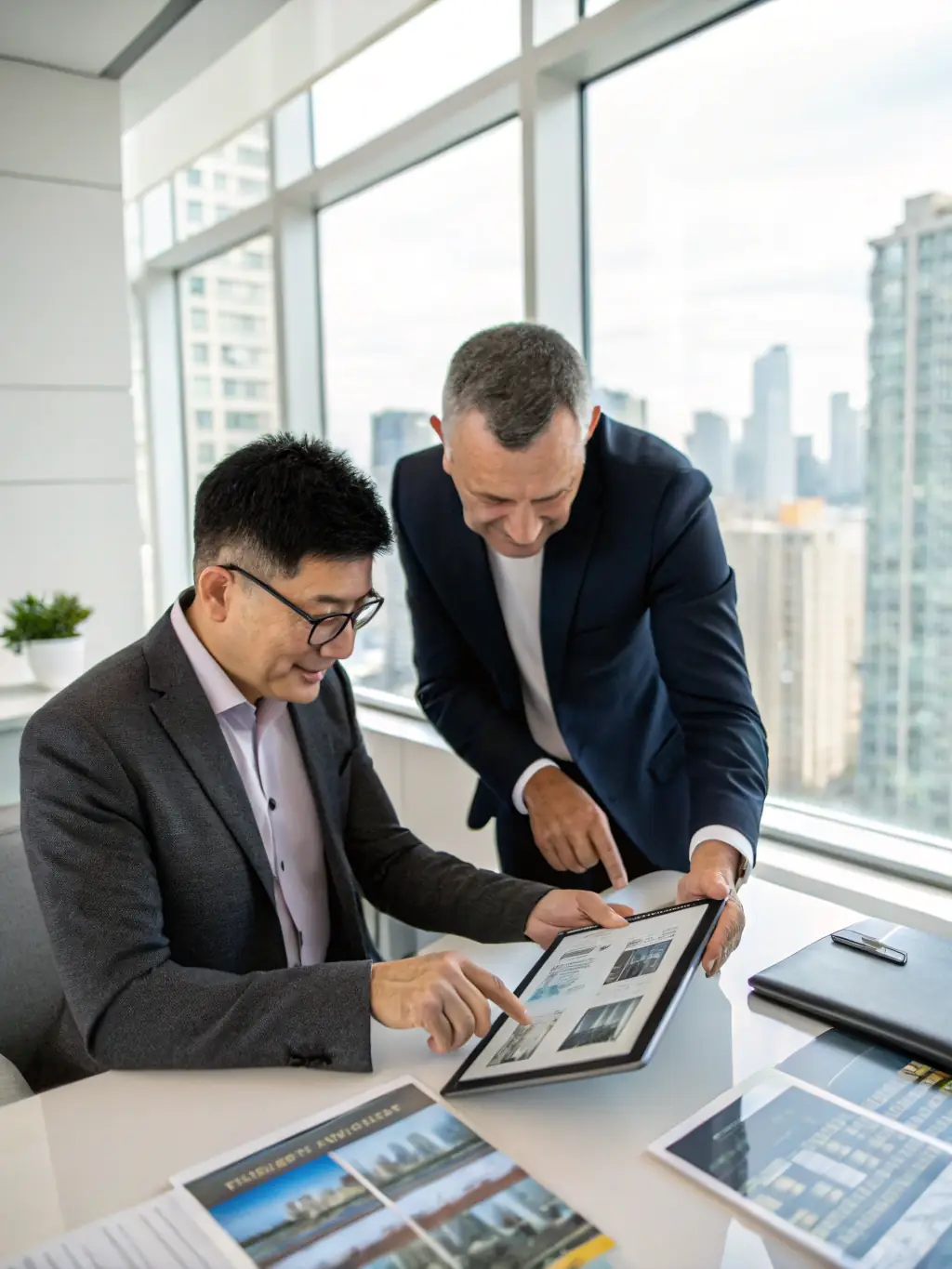 A professional real estate advisor is shown communicating clearly with a trustee, explaining complex market data using a tablet, in a well-lit modern office setting.