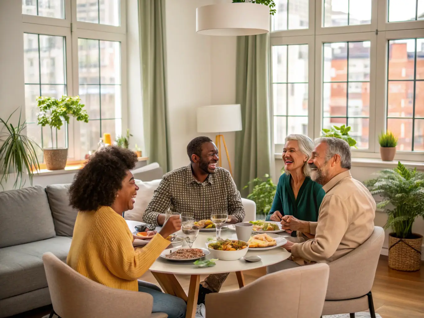 A diverse group of family members is shown discussing real estate matters around a table, with a focus on collaboration and understanding.