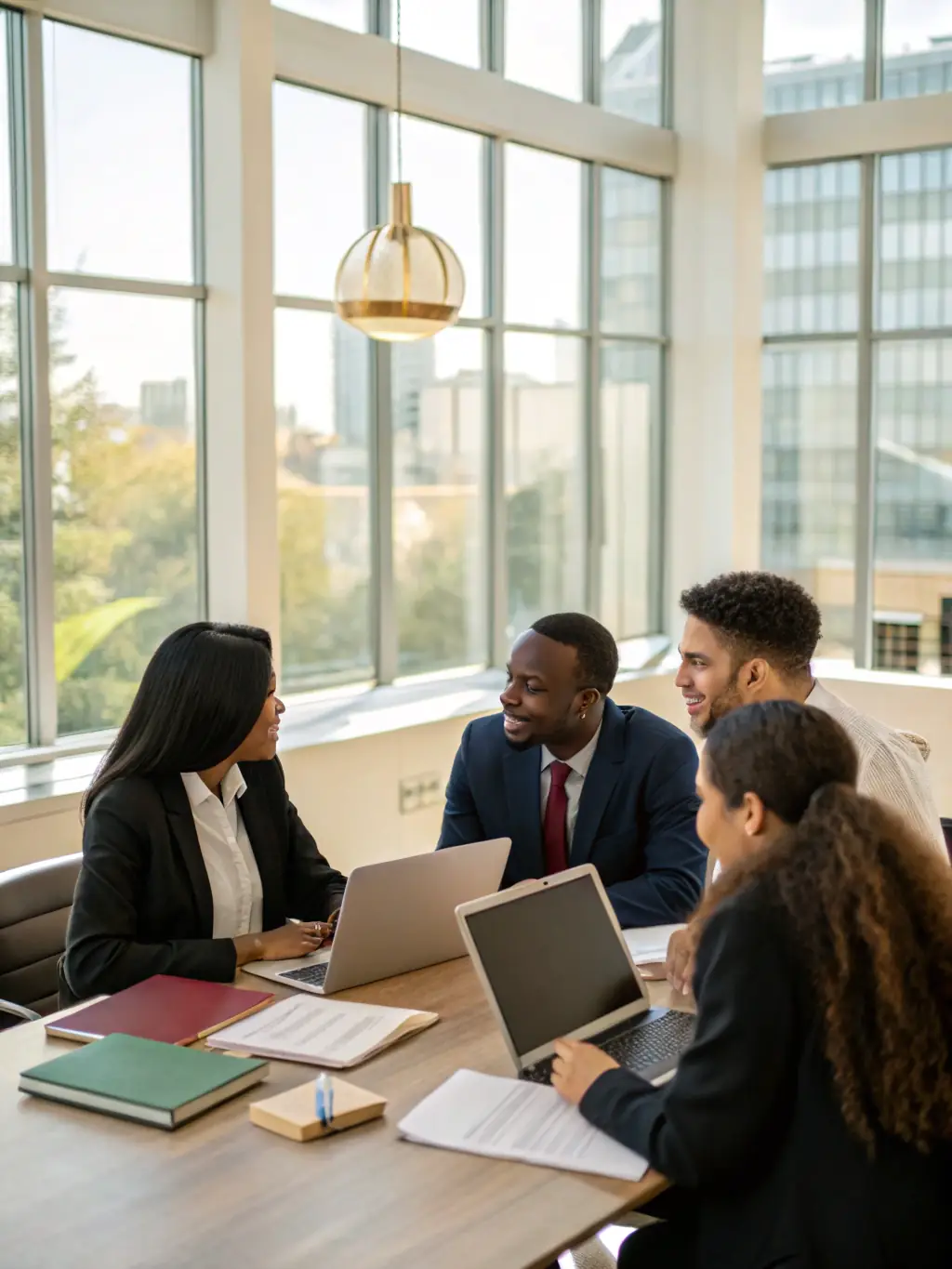 A diverse team of legal professionals working efficiently in a technologically advanced and well-organized law firm environment.