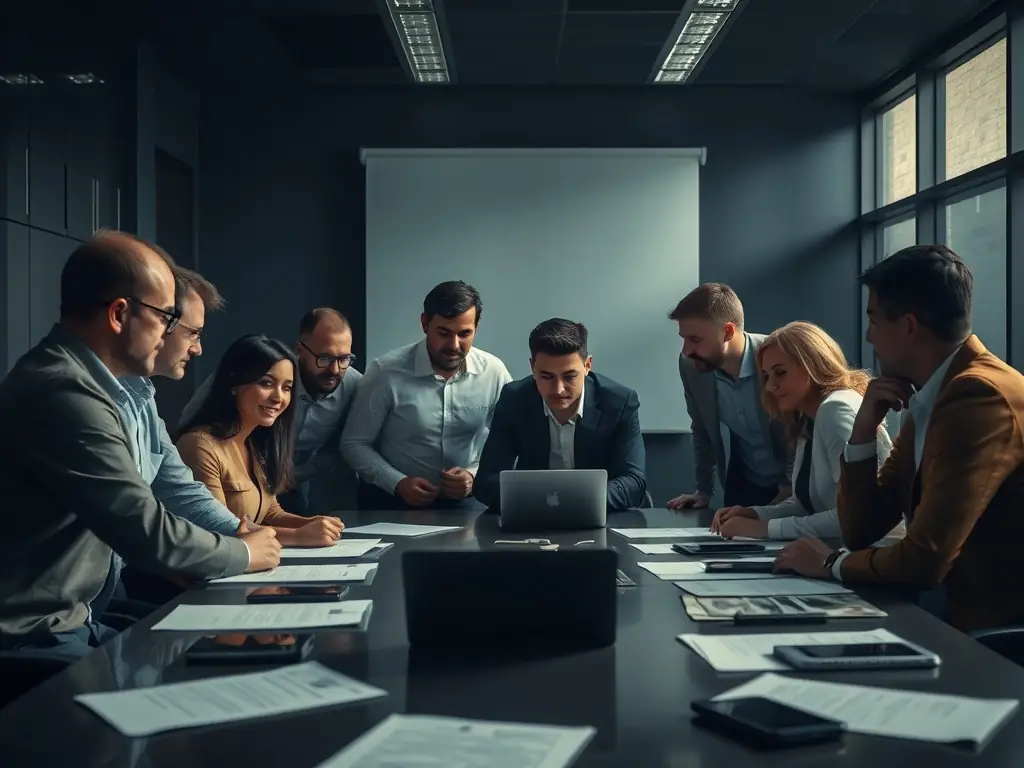 A professional team collaboratively brainstorming around a table, representing the integrated approach of ARH Global Advisors LLC and ARH Consulting LLC.