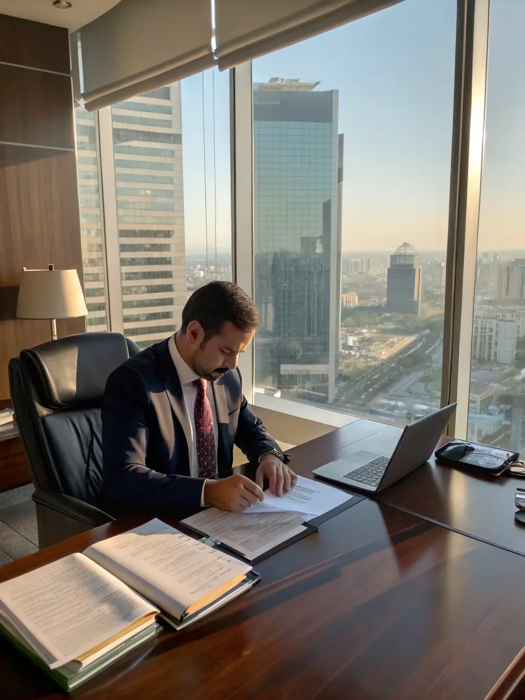 A professional real estate advisor in a sharp suit, reviewing property documents with a focused expression, symbolizing expertise in trust property matters.
