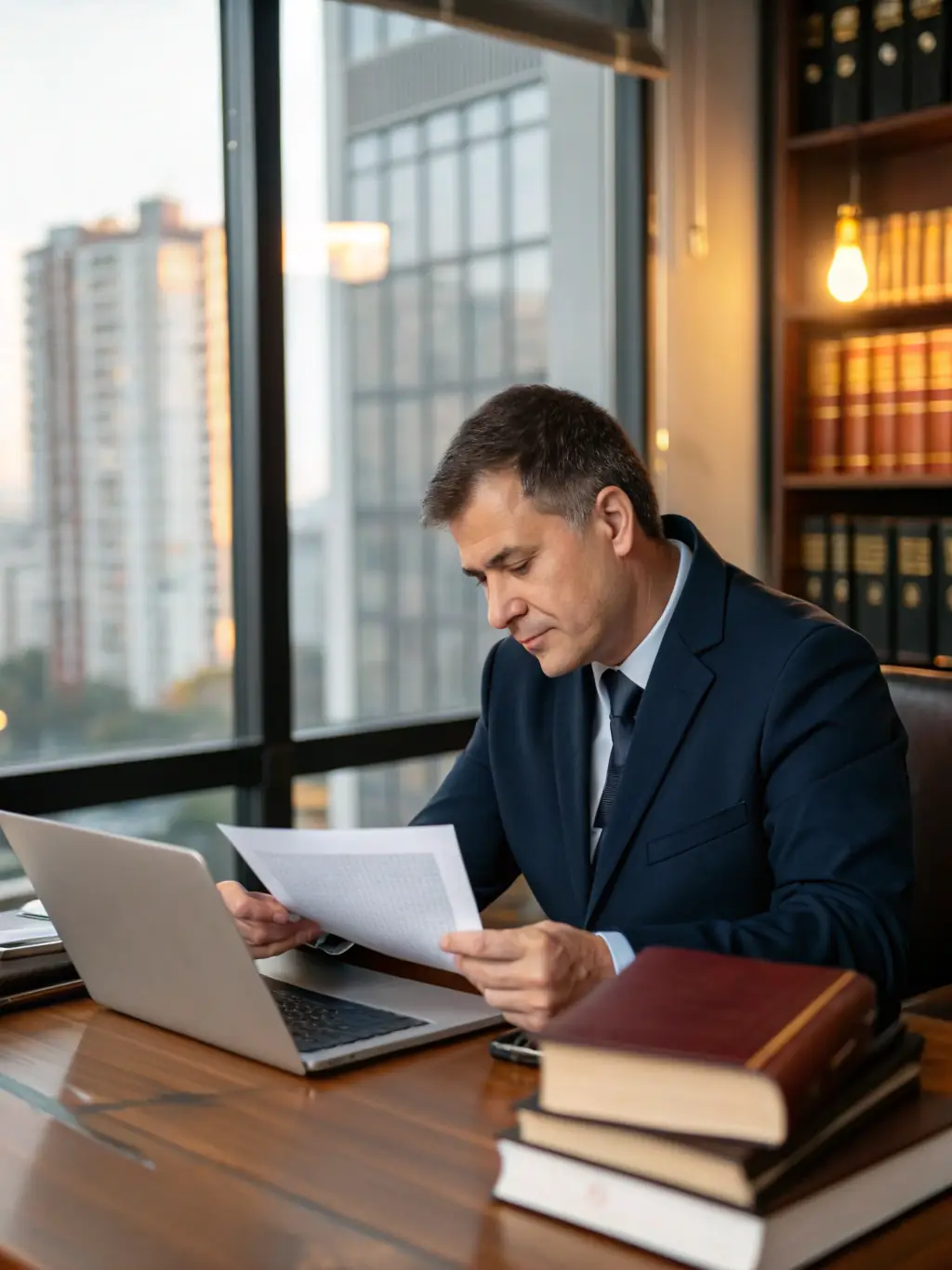 A professional lawyer efficiently managing case files in a modern, well-lit office, symbolizing increased efficiency for law firms.