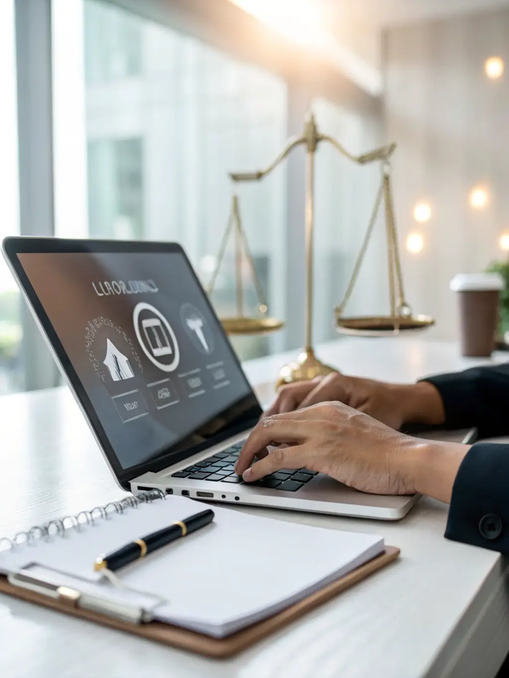A modern law firm office with lawyers using AI tools to analyze legal data, representing the integration of AI for better decision-making.