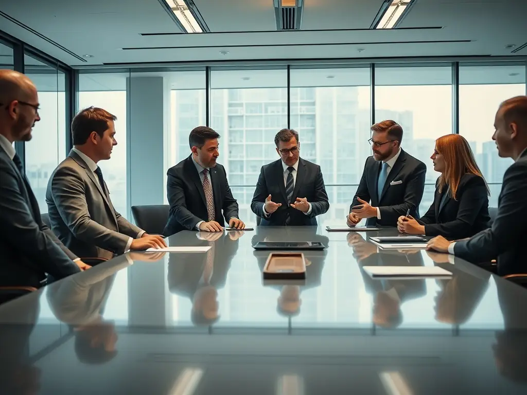 A dynamic image depicting a law firm team collaborating around a table, reviewing charts and graphs that represent growth and strategic planning, with a modern office setting in the background.