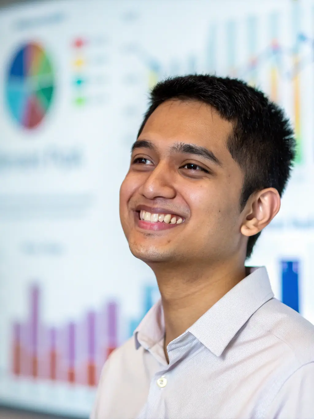 A professional headshot of a consultant smiling confidently, overlaid with data visualization elements representing AI-driven insights and search trends.
