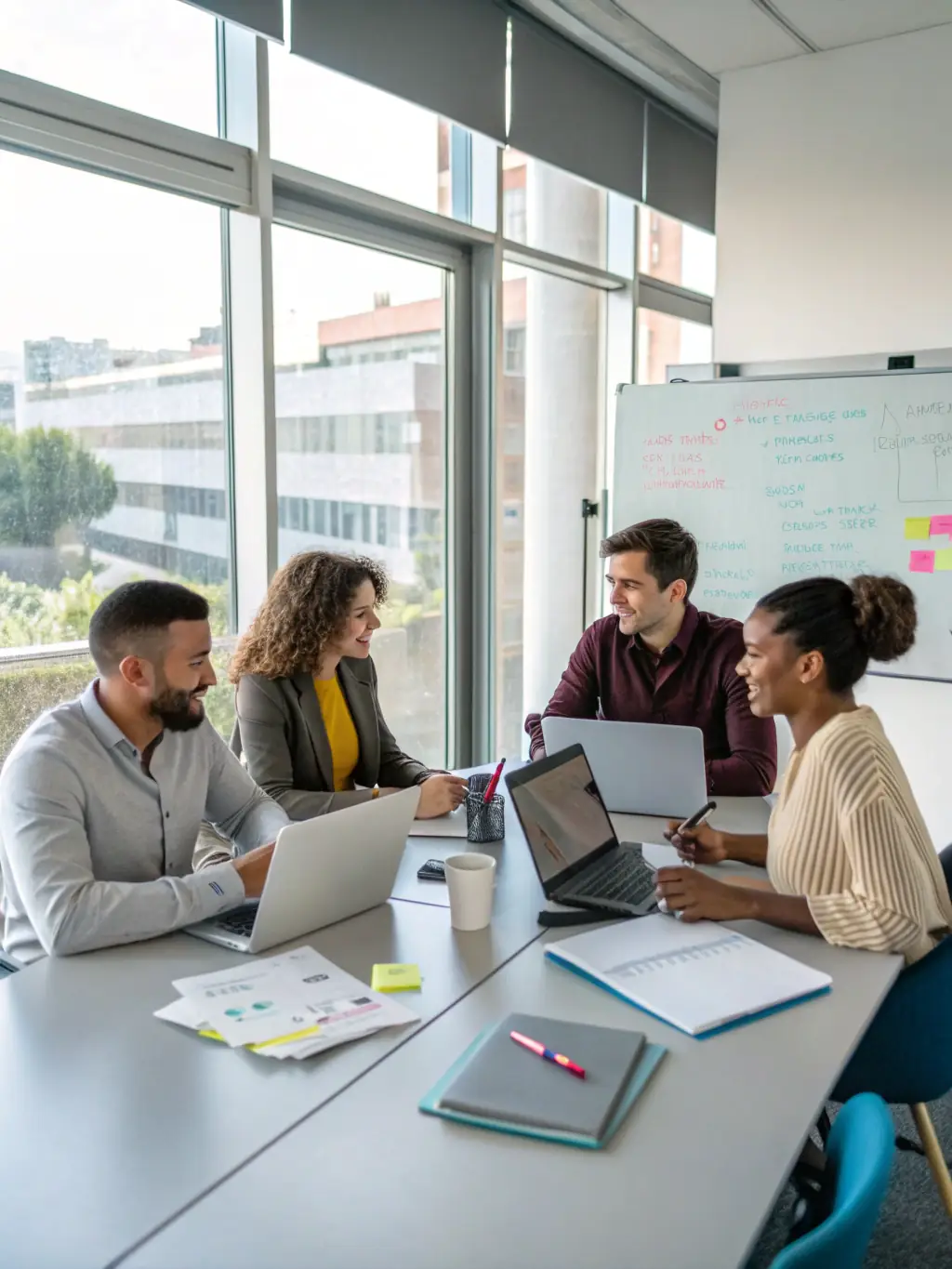 A team of consultants working collaboratively on laptops, analyzing data and discussing AI implementation strategies in a brightly lit, collaborative workspace. The image should convey teamwork and data-driven decision-making.