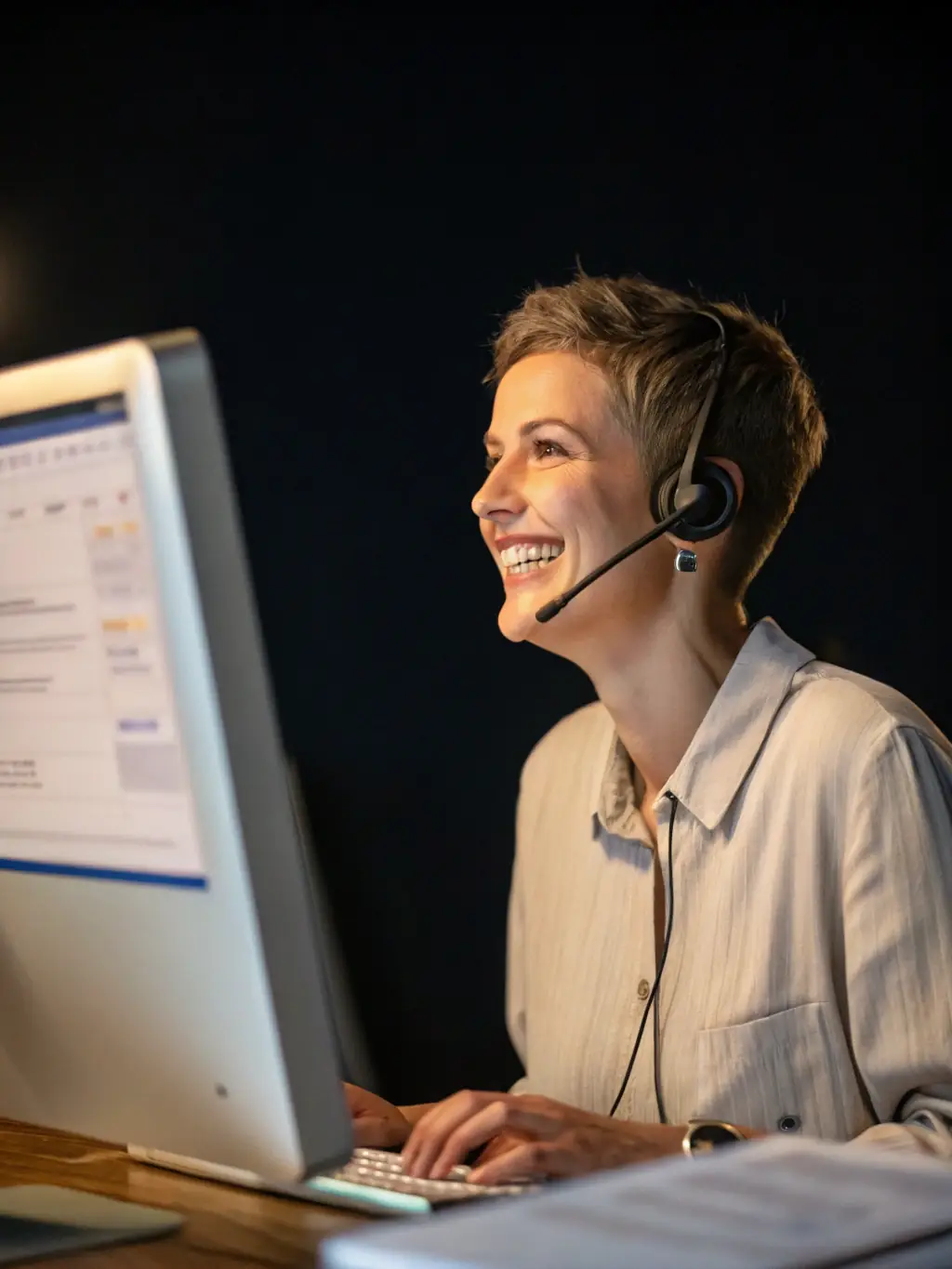 A customer service representative using an AI chatbot to quickly resolve client inquiries, demonstrating improved client service.