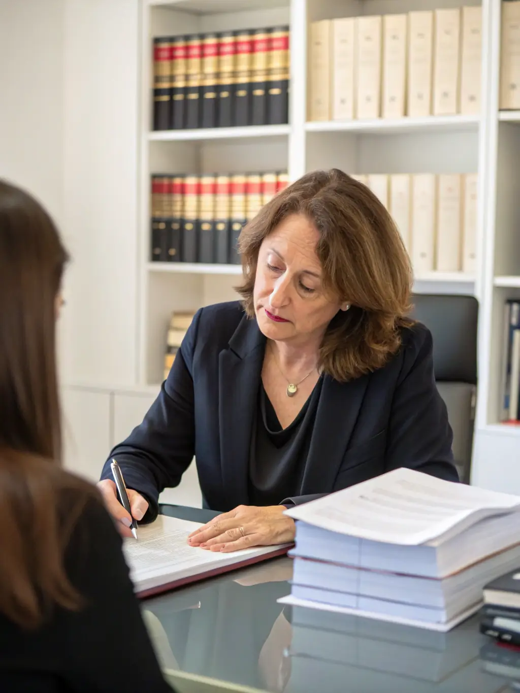 A managing partner mentoring a junior associate, demonstrating guidance and support within the legal firm.