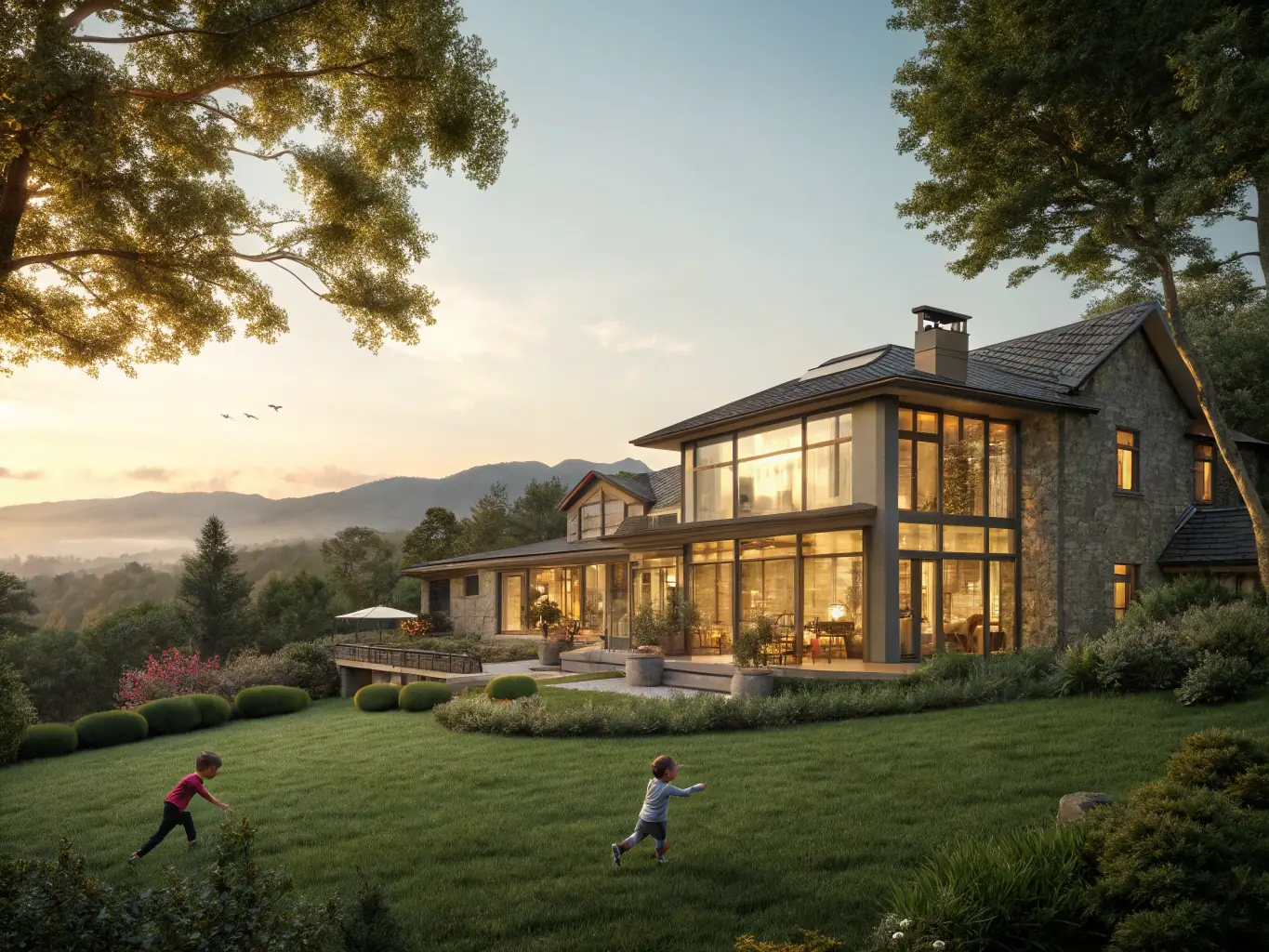 A luxurious modern home with a family enjoying the backyard, representing the real estate aspect of integrated guidance provided by ARH Global Advisors.