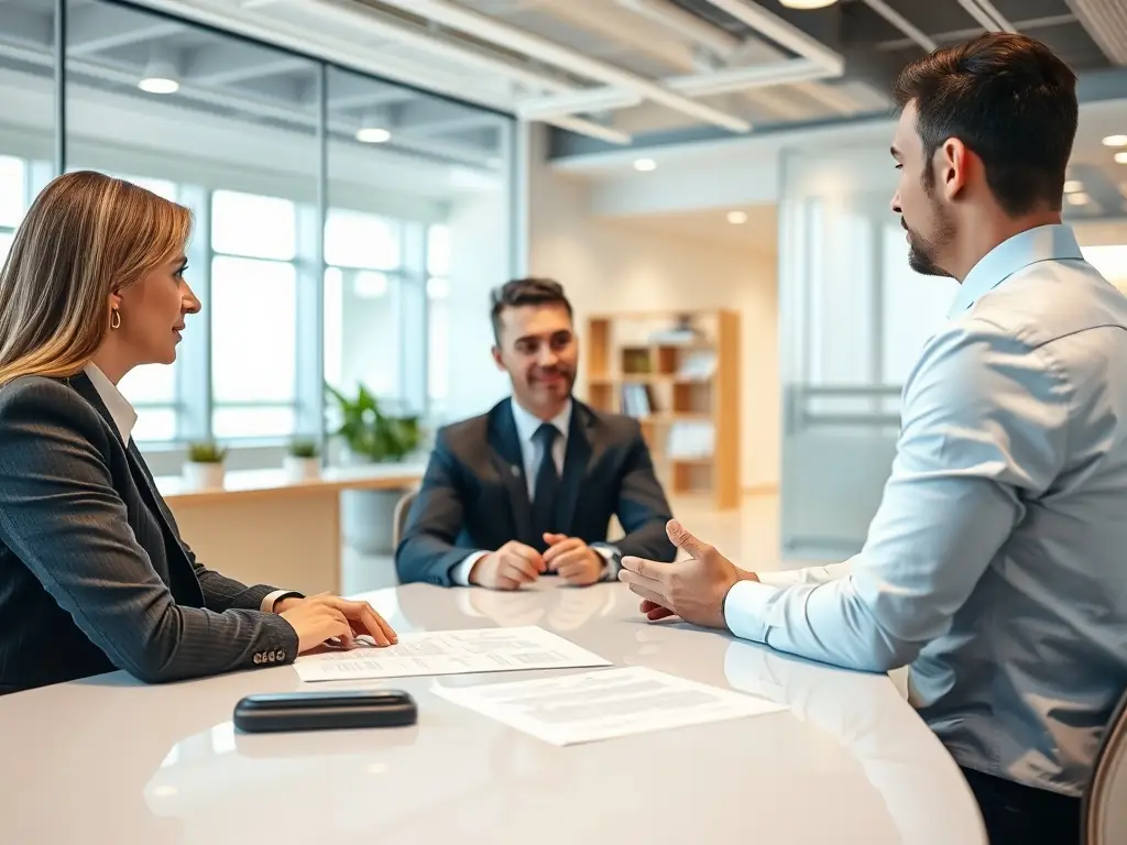 A professional real estate advisor is shown consulting with a client in a well-lit office, reviewing documents related to probate and trust real estate.