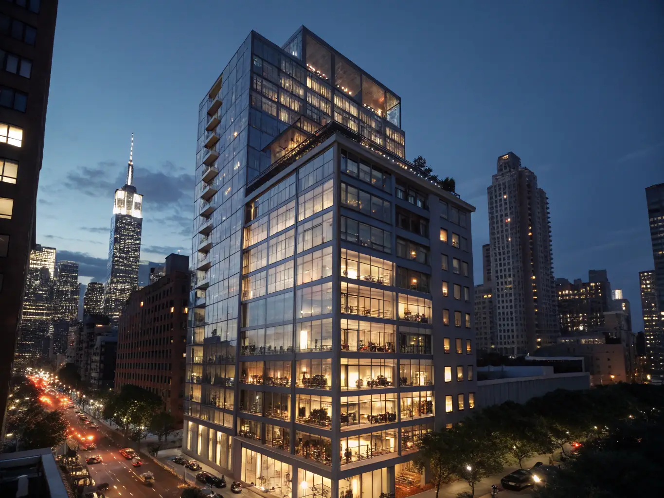 A modern, glass-fronted skyscraper in Manhattan, New York City, with bustling city streets below, representing ARH's focus on high-value urban real estate.