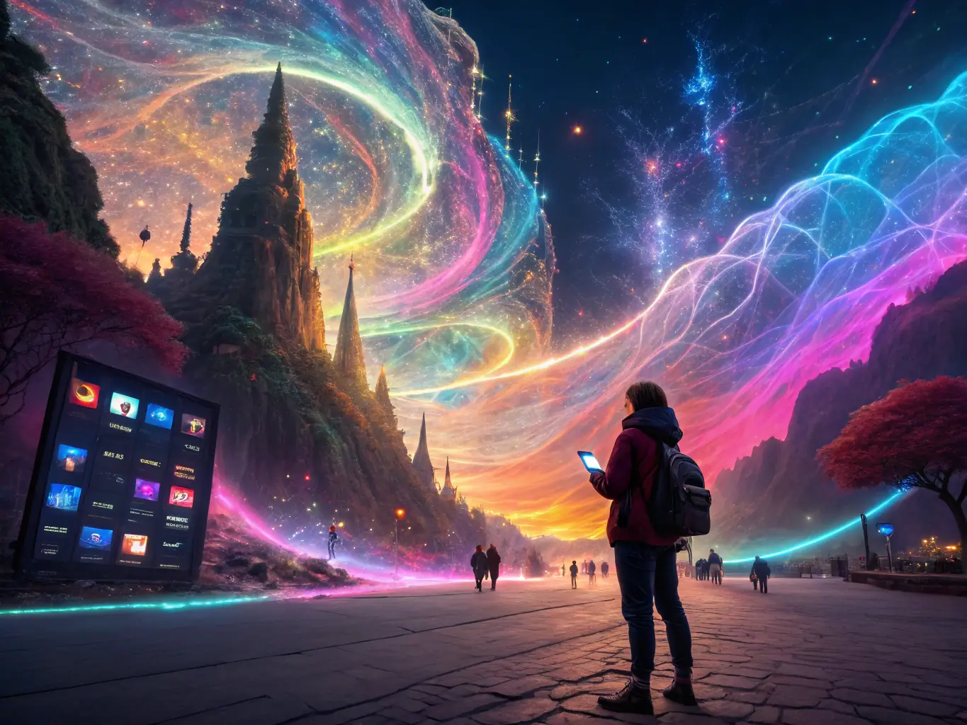 A visual representation of AI algorithms creating targeted marketing campaigns for real estate listings, including personalized ads and social media content.