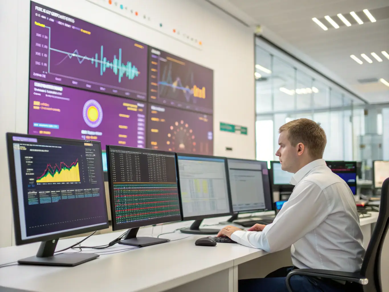 A sophisticated AI system analyzing real-time market data, displayed on a high-resolution monitor in a modern financial office setting. The image should convey precision, speed, and data-driven decision-making.