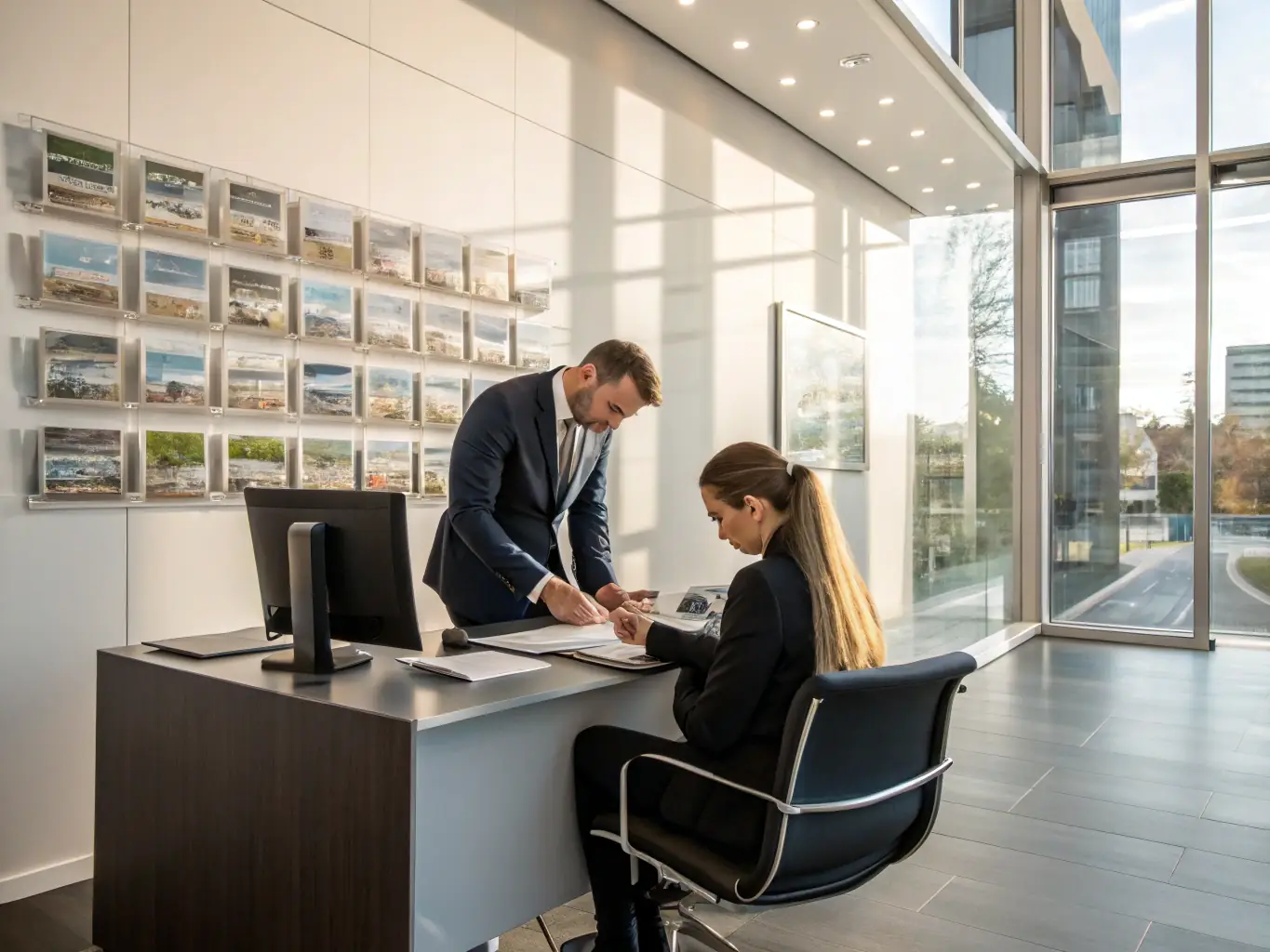 A graphic showing a real estate agent interacting with an AI-powered CRM dashboard, highlighting features like automated task management and client communication.