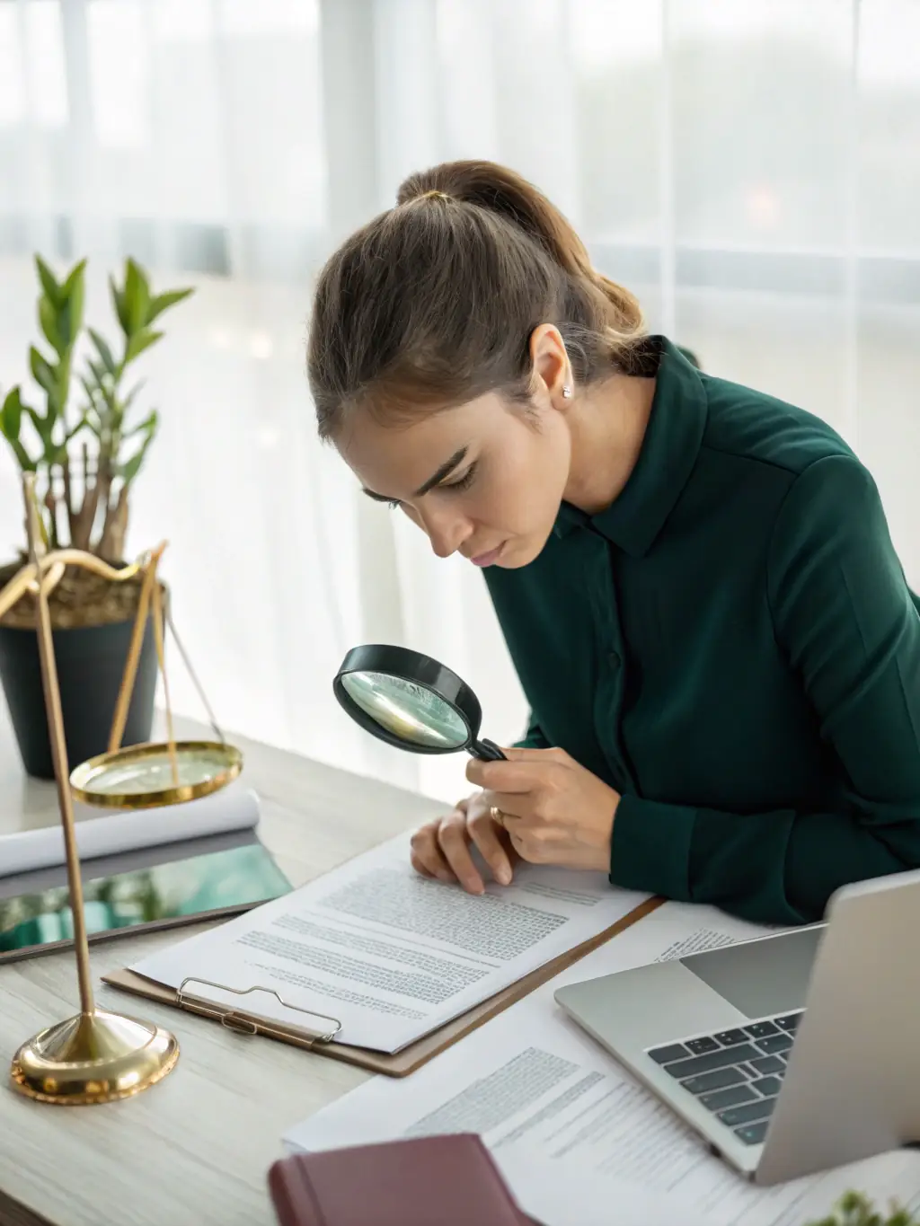 An AI system analyzing legal documents and contracts, highlighting automated contract review and risk assessment.