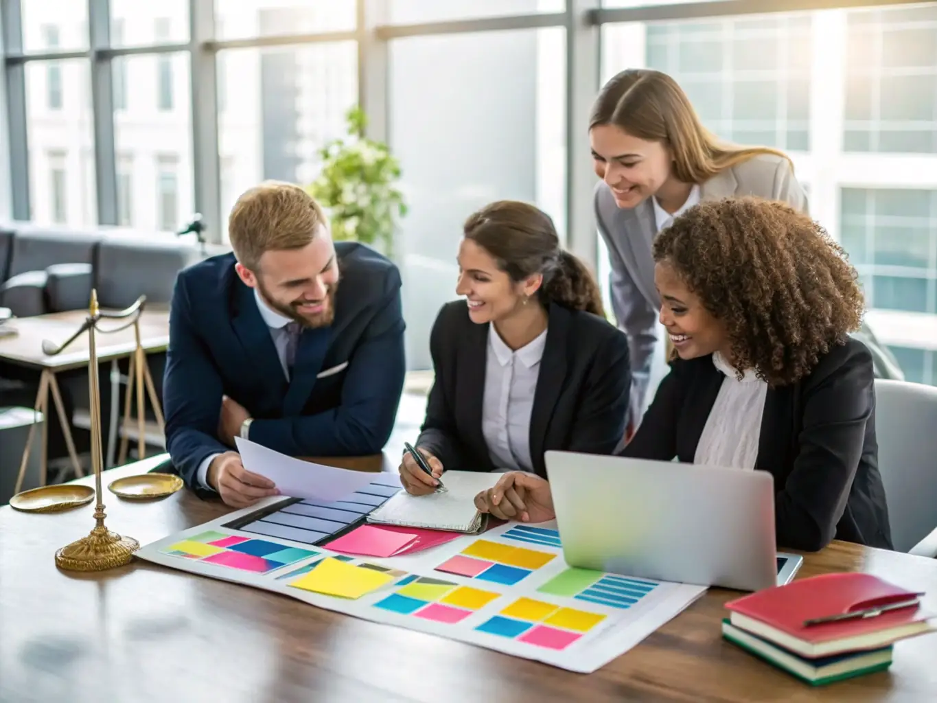 A diverse group of lawyers collaborating around a digital display showing AI-driven client communication analytics and insights.