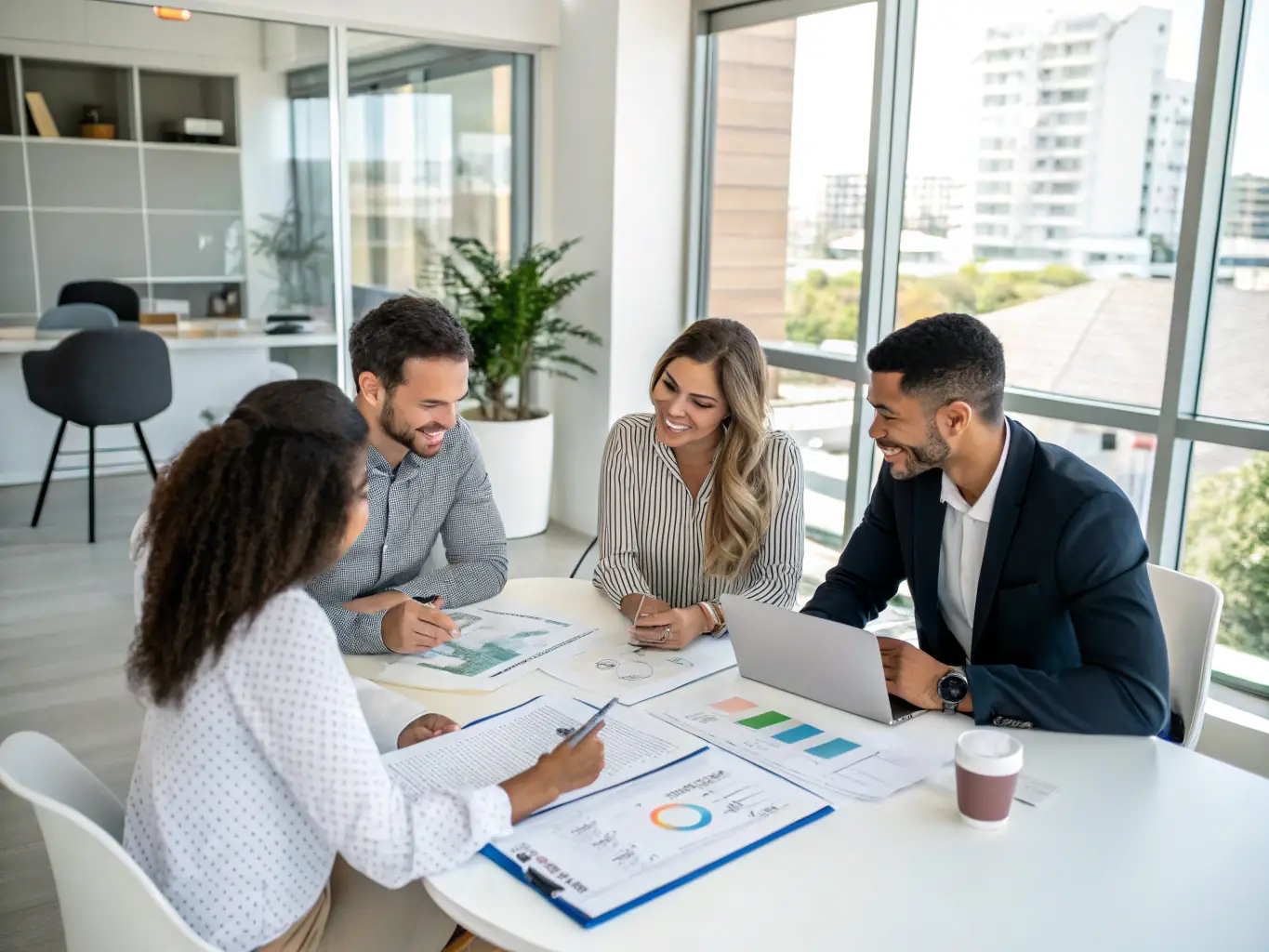 A photograph depicting a diverse team of professionals (attorney, financial advisor, real estate agent) collaborating around a table, reviewing documents and discussing strategy, symbolizing the integrated approach of ARH Real Estate Advisory Group.