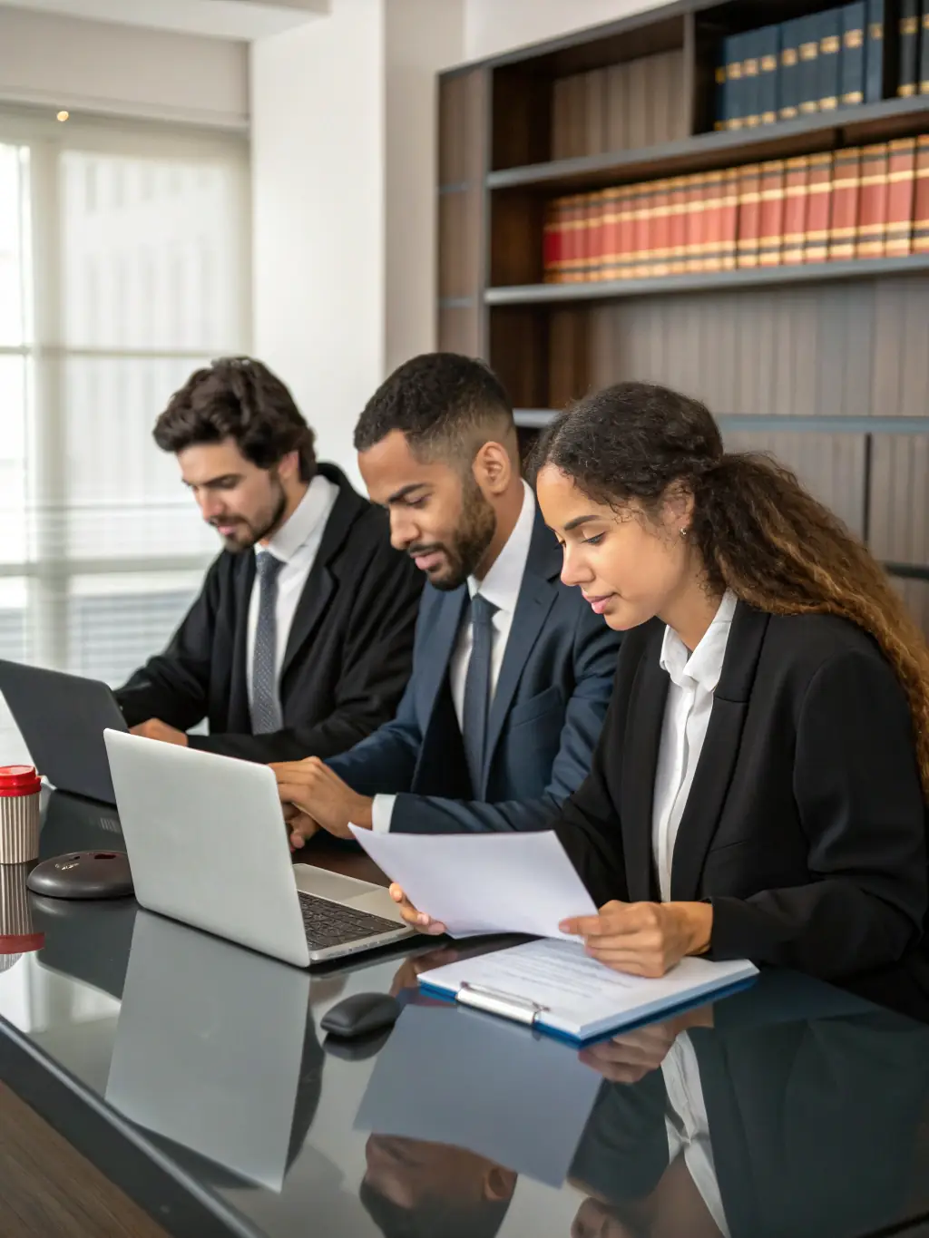 A professional law firm office with lawyers collaborating on case strategy, symbolizing increased revenue through effective teamwork.