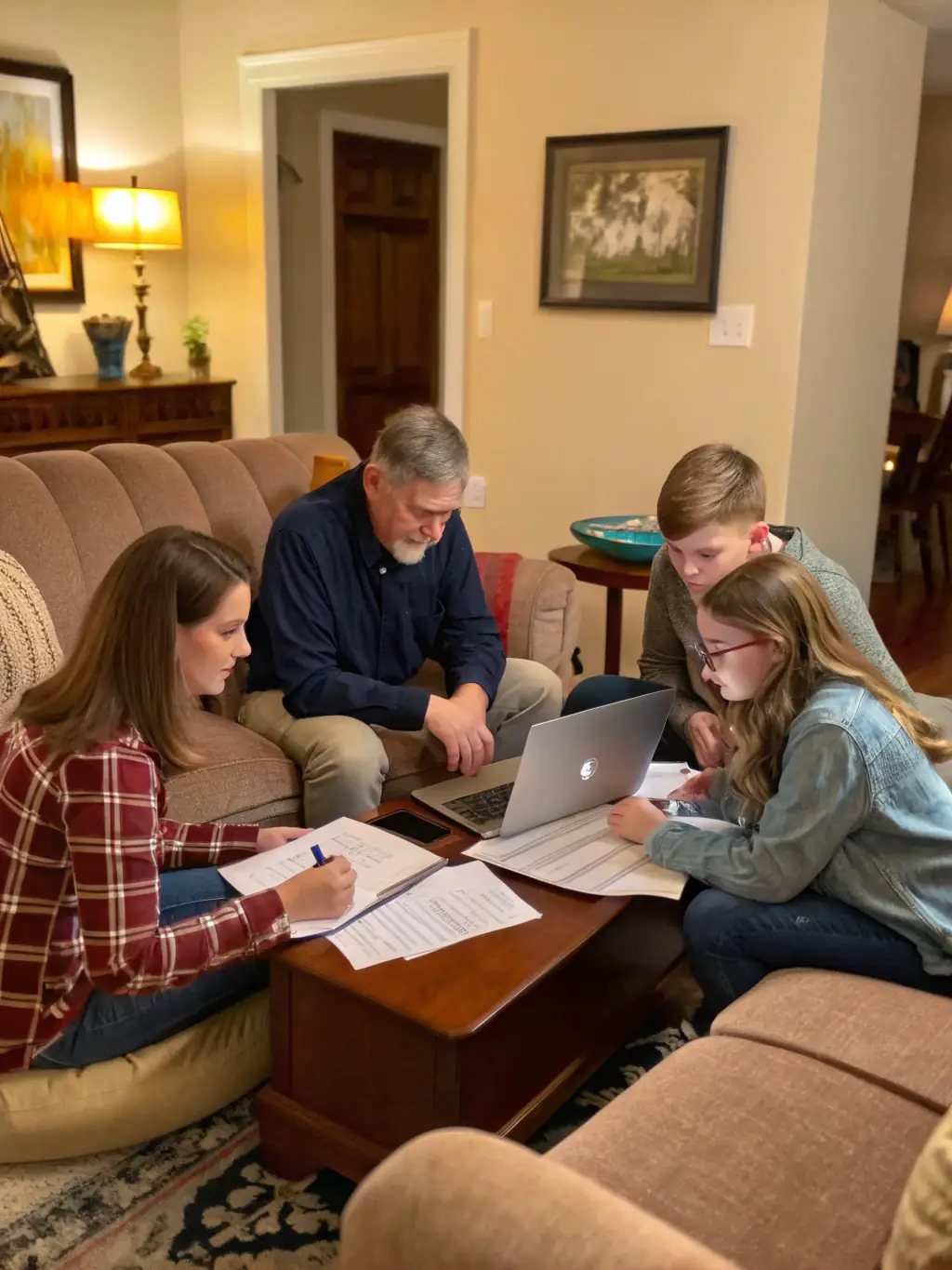 A financial advisor is meeting with a family in their home, discussing long-term financial planning and investment strategies with a focus on security and growth.