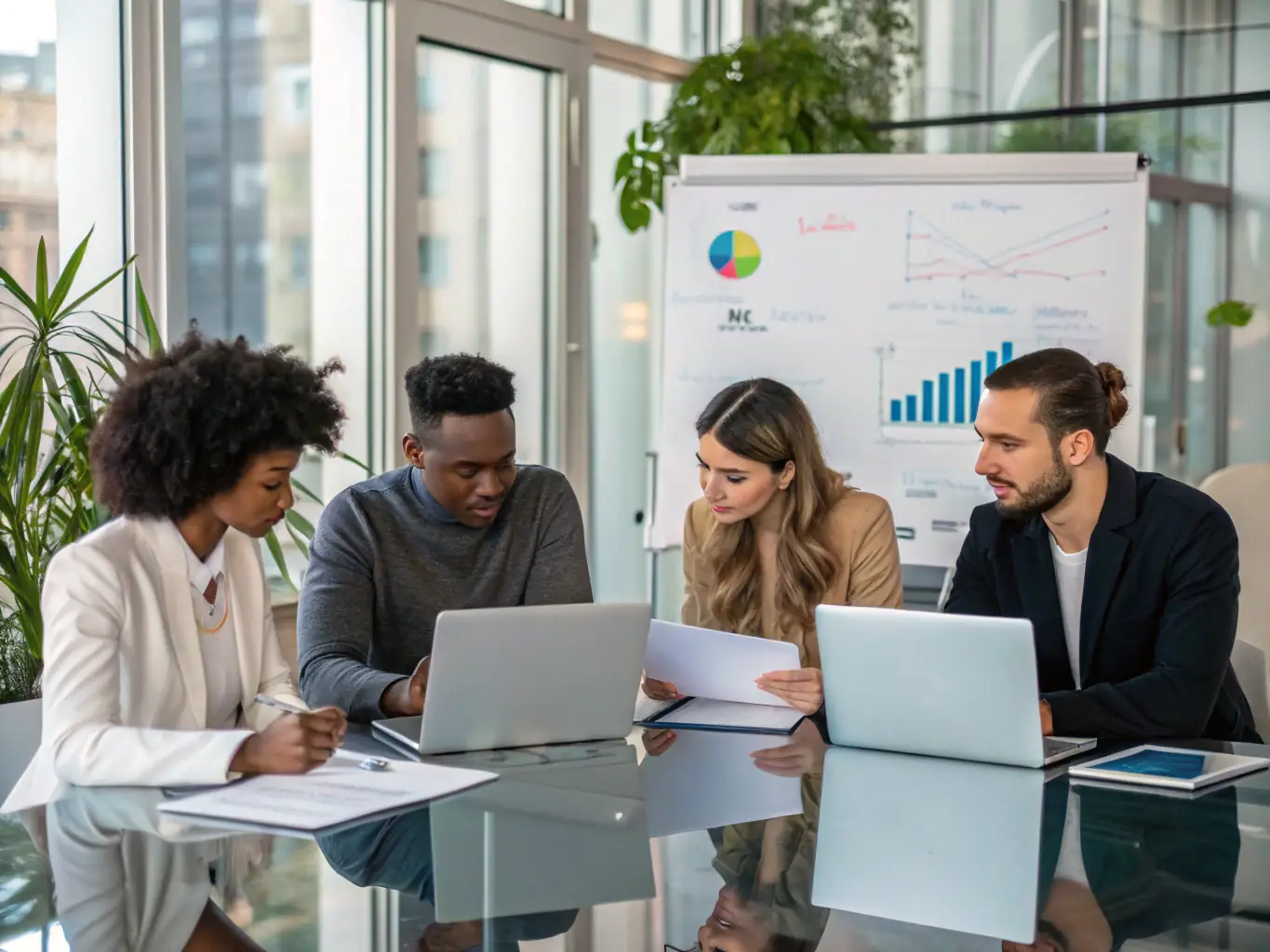 A professional team is conducting a risk assessment in a modern office setting, using advanced software to analyze data and identify potential AI-related risks.