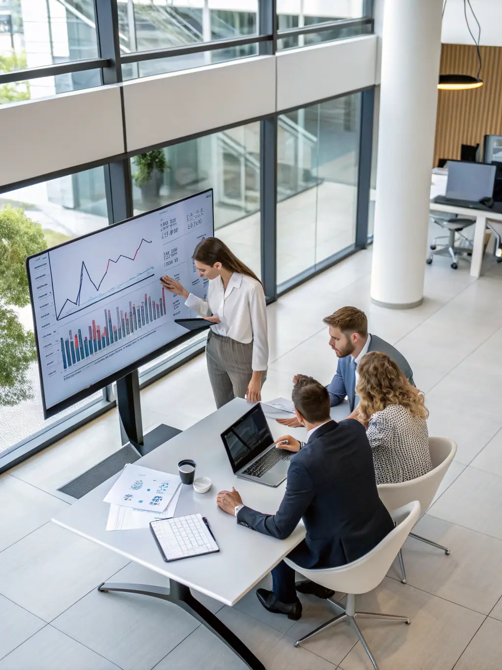A diverse team of real estate professionals is shown collaborating on a real estate strategy, using advanced analytics and market research tools in a modern office.
