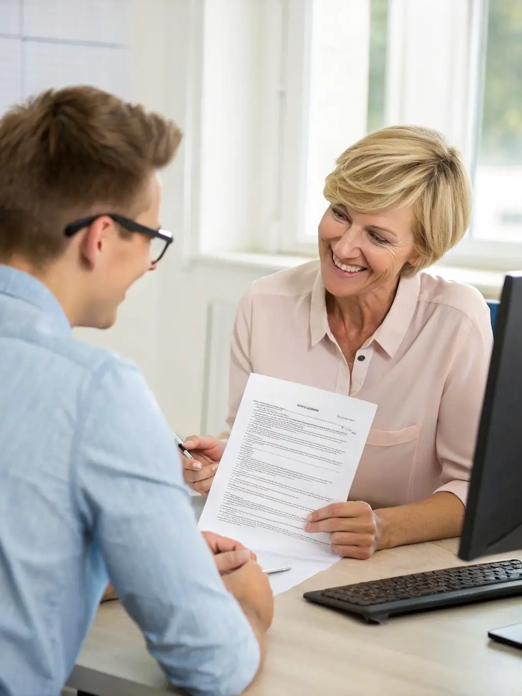 A fiduciary is shown thoughtfully reviewing real estate documents with an ARH advisor, discussing the best course of action in a quiet, professional environment.