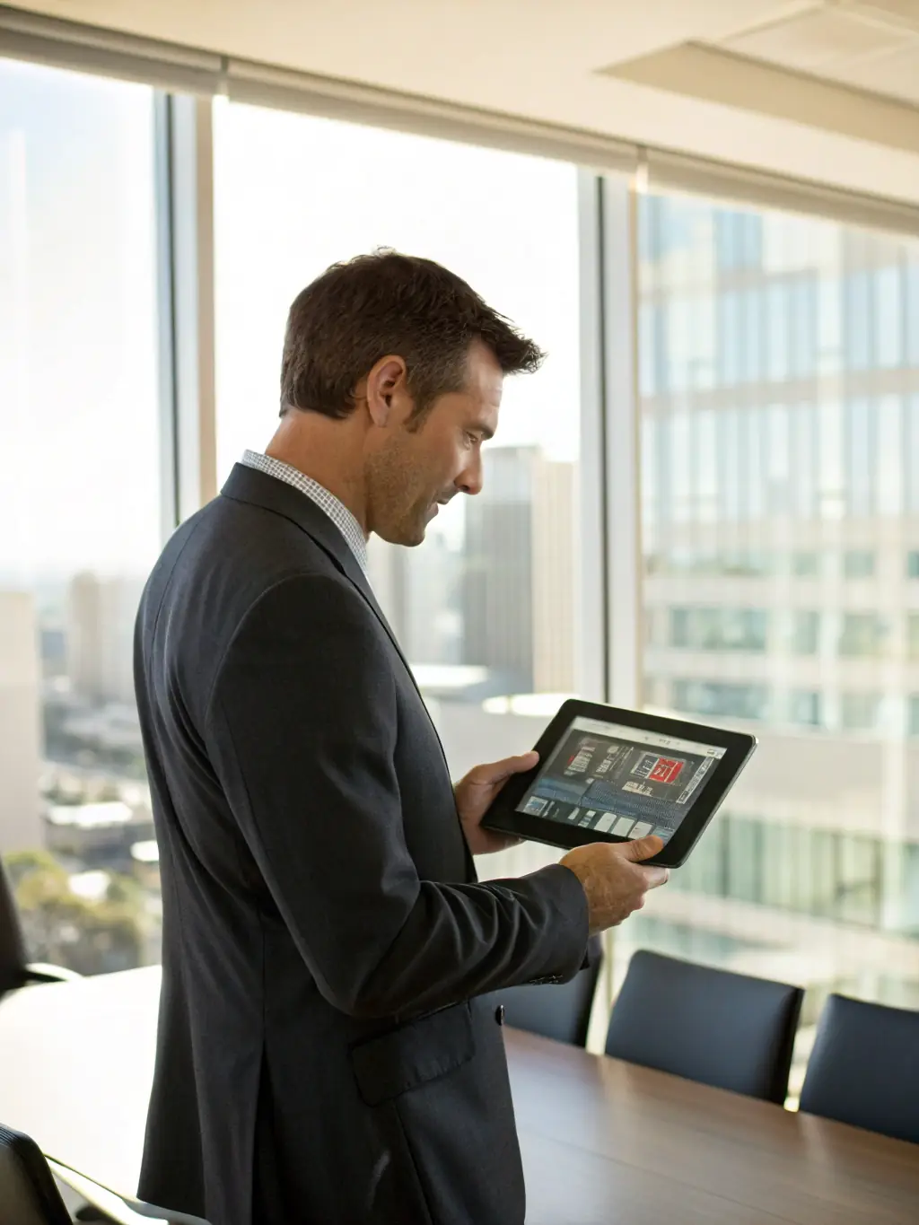 A professional service firm partner reviewing AI-driven performance analytics on a tablet, showcasing data-driven insights.