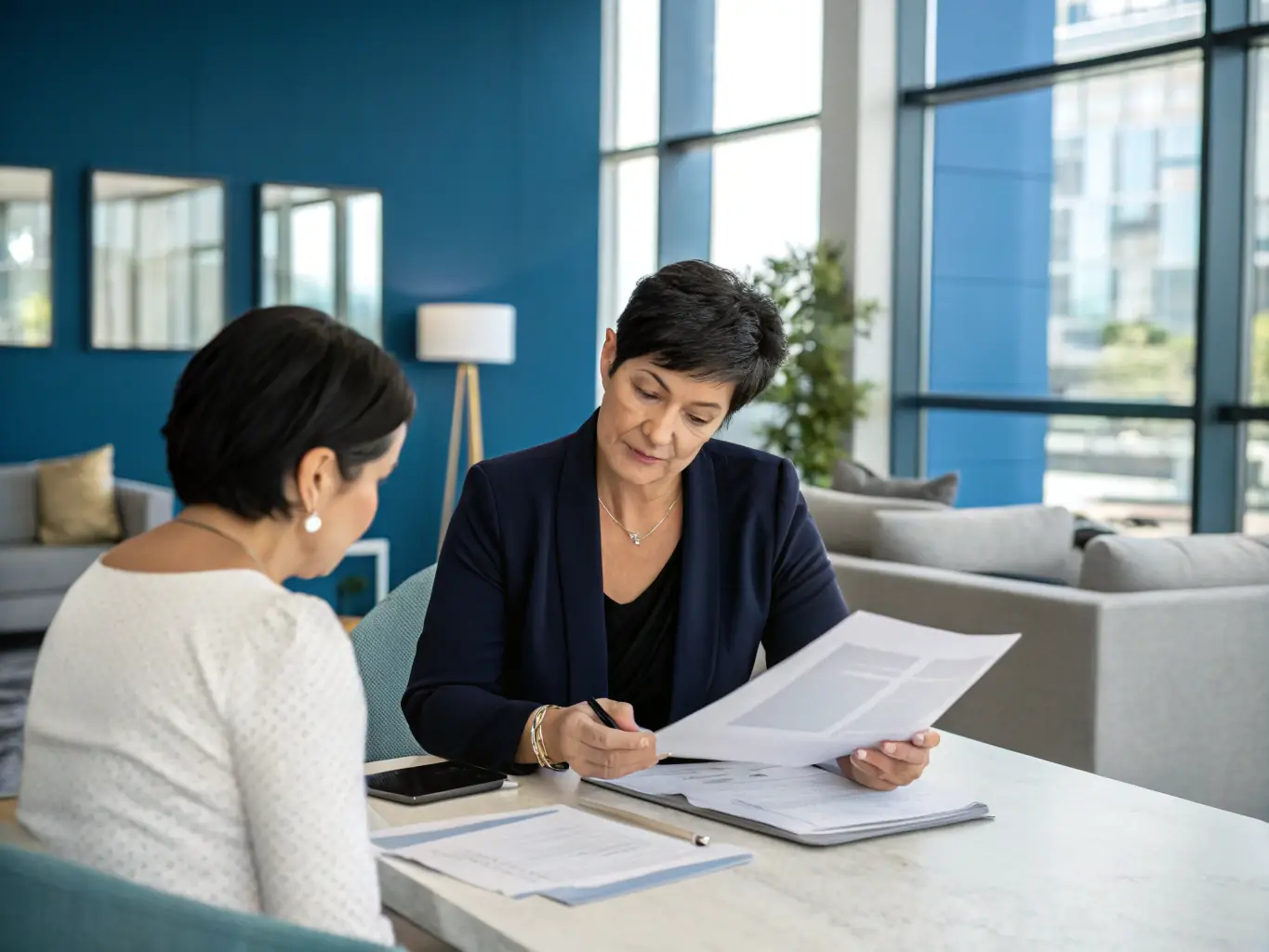 A professional real estate advisor is shown consulting with a client in a well-lit office, reviewing documents related to a probate real estate transaction. The atmosphere is calm and reassuring, emphasizing the advisor's expertise and the client's peace of mind.