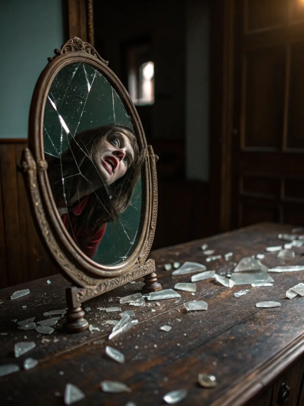 An image depicting a tarnished reputation, such as a cracked mirror reflecting a distorted image, to represent the reputational risks associated with AI mishaps.
