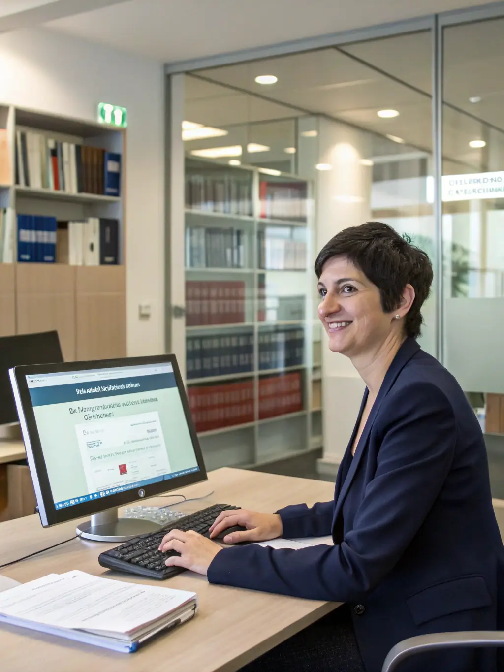 A professional lawyer in a modern office, reviewing documents with a focused expression, symbolizing strategic consulting for law firms.