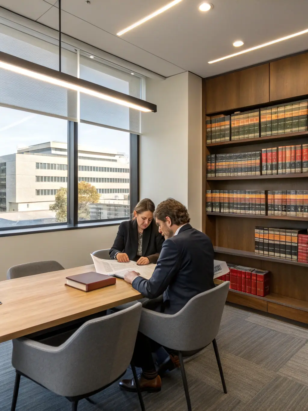 A modern law office with sleek desks and multiple computer screens displaying data analytics dashboards, symbolizing operational efficiency and data-driven decision-making.