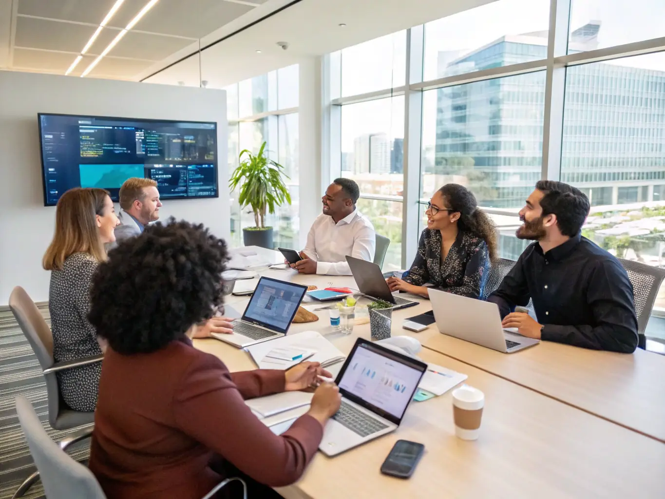 A photograph showcasing a diverse team collaborating seamlessly with the assistance of AI-driven communication and project management tools, highlighting improved consistency.