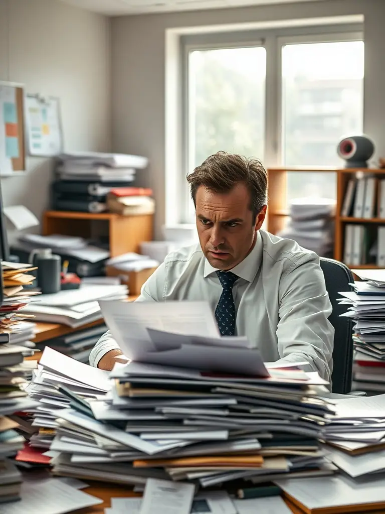 A professional lawyer sitting at a cluttered desk in a dimly lit office, surrounded by stacks of paperwork, looking stressed and overwhelmed, representing the challenges of business operations in law firms.