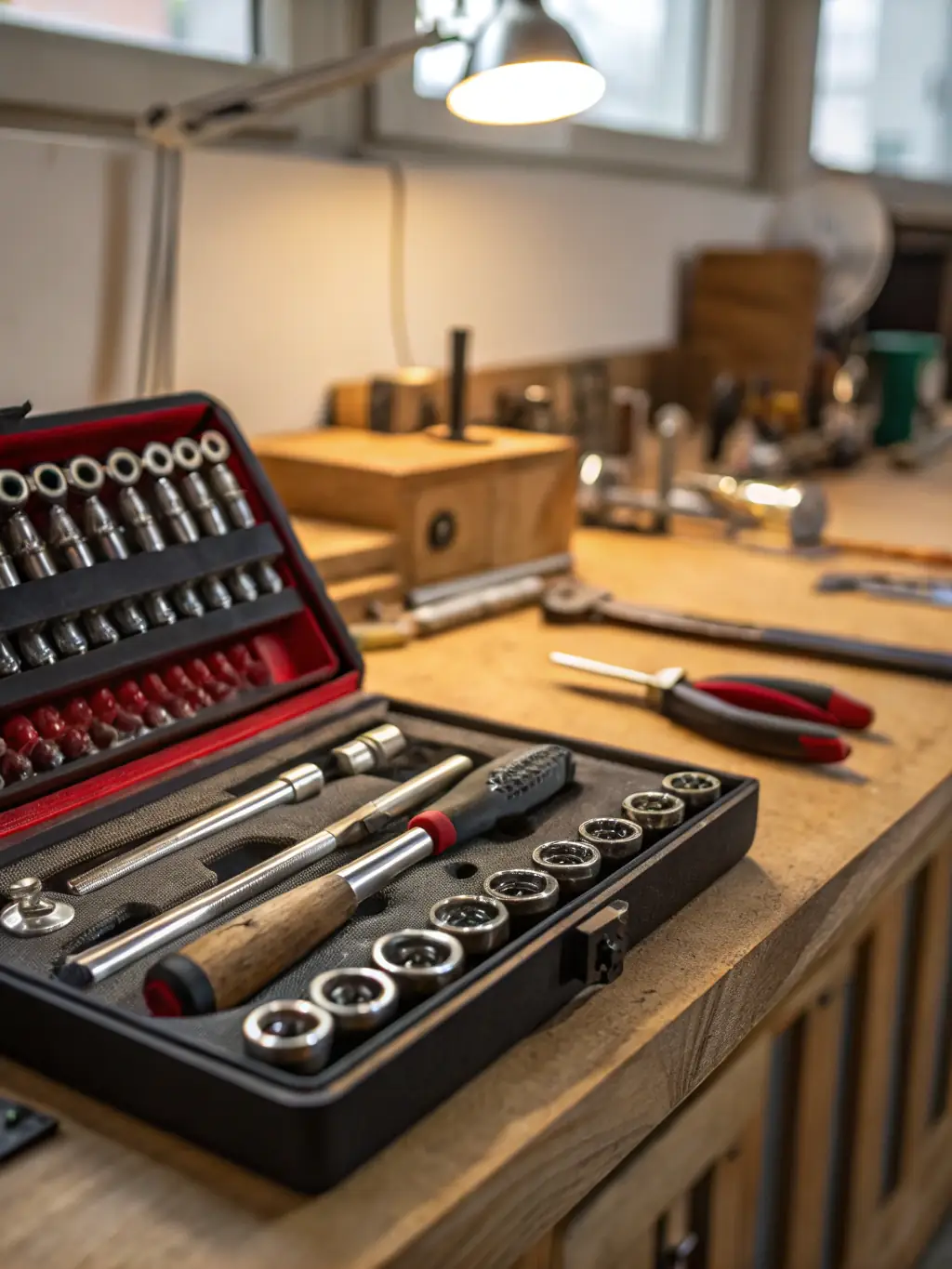A well-organized toolbox with various tools, representing vendor and property coordination, photographed in a clean, professional setting.