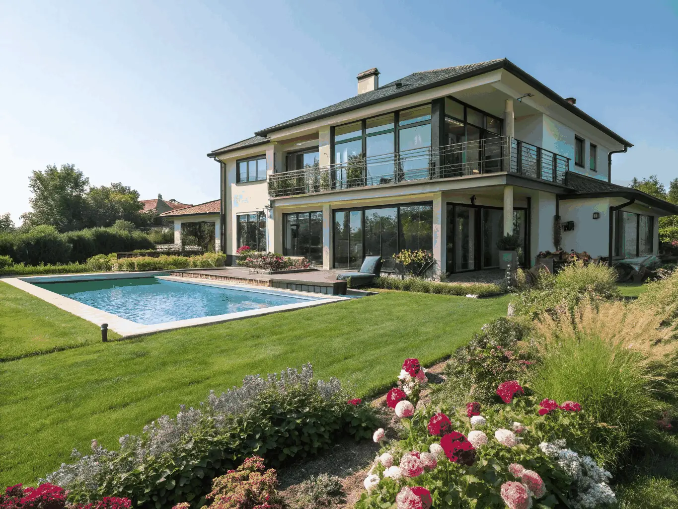 A high-angle, sunlit photograph of a luxury home's manicured lawn and swimming pool, symbolizing high-value trust property.
