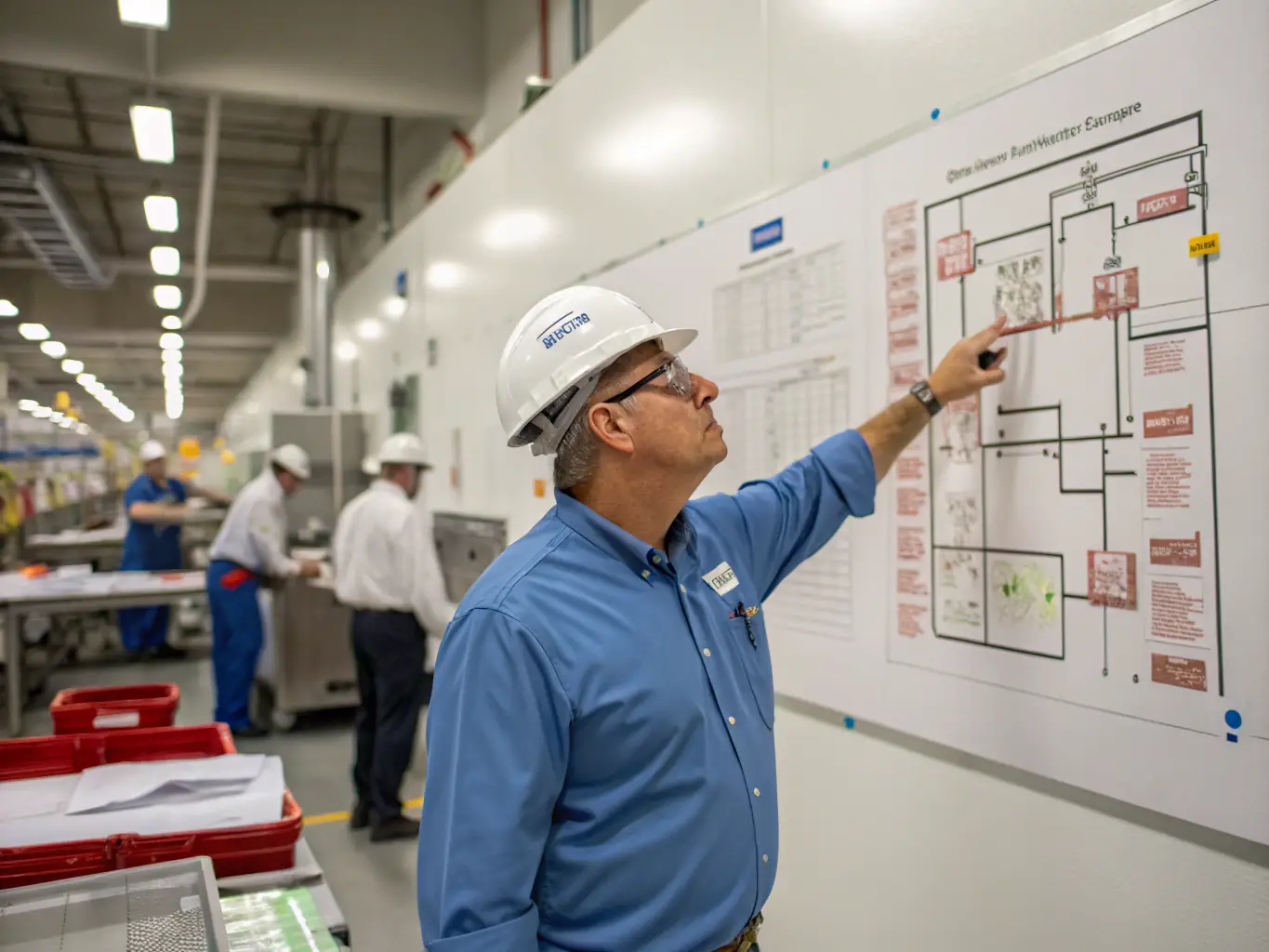 An image depicting a consultant working with a client on optimizing operational processes in a manufacturing setting.