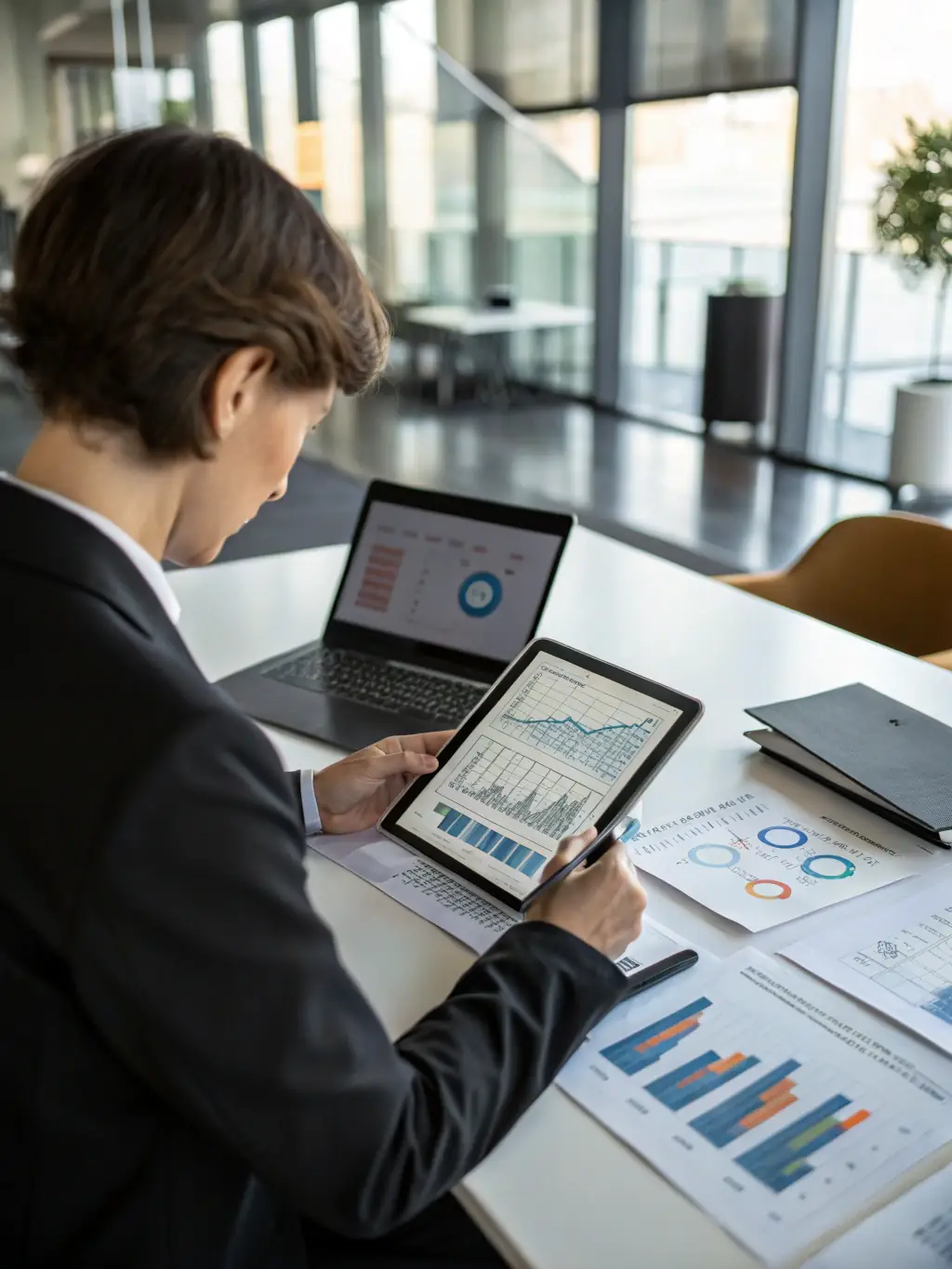 An insurance agent using AI-powered risk assessment software on a laptop, with charts and graphs illustrating risk factors.