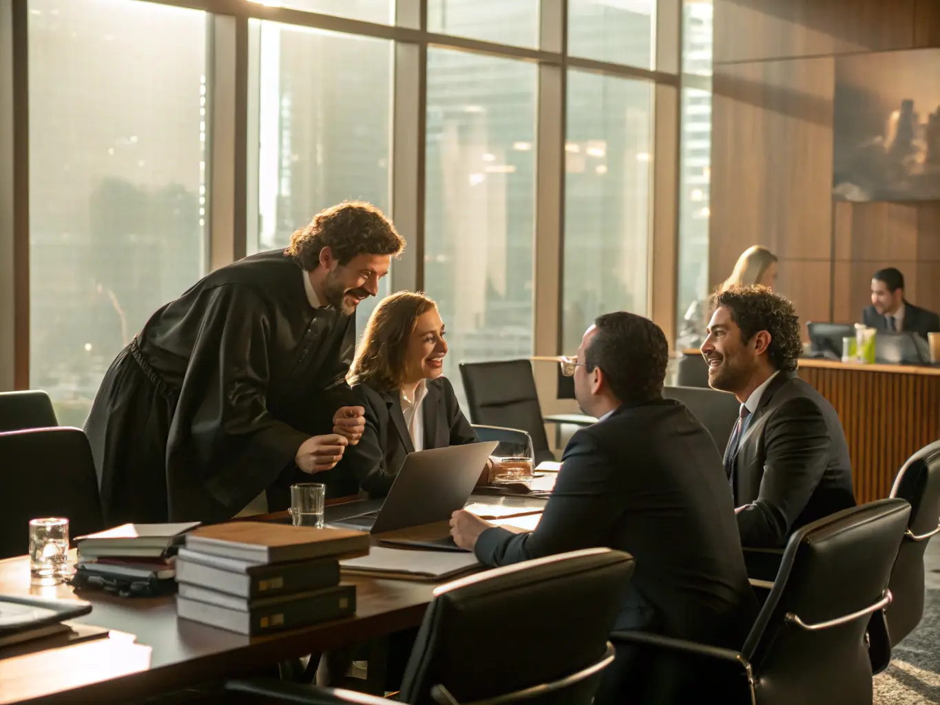 A modern law firm office with lawyers collaborating around a table, bathed in natural light, symbolizing teamwork and strategic planning.