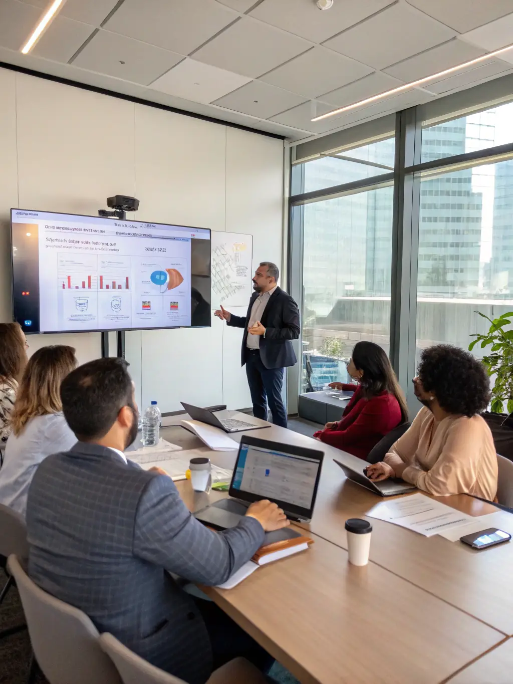A consultant presenting a graph showing upward trending AI adoption rates to a group of business executives in a modern conference room, emphasizing the growing importance of AI.