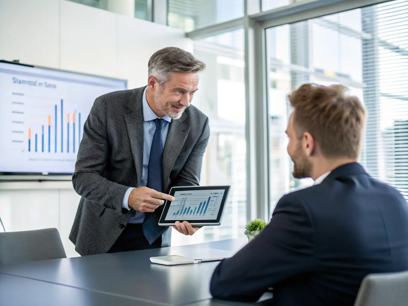 A professional real estate advisor is presenting a detailed property valuation report to a trustee in a modern office setting. The report includes market analysis and comparable sales data.