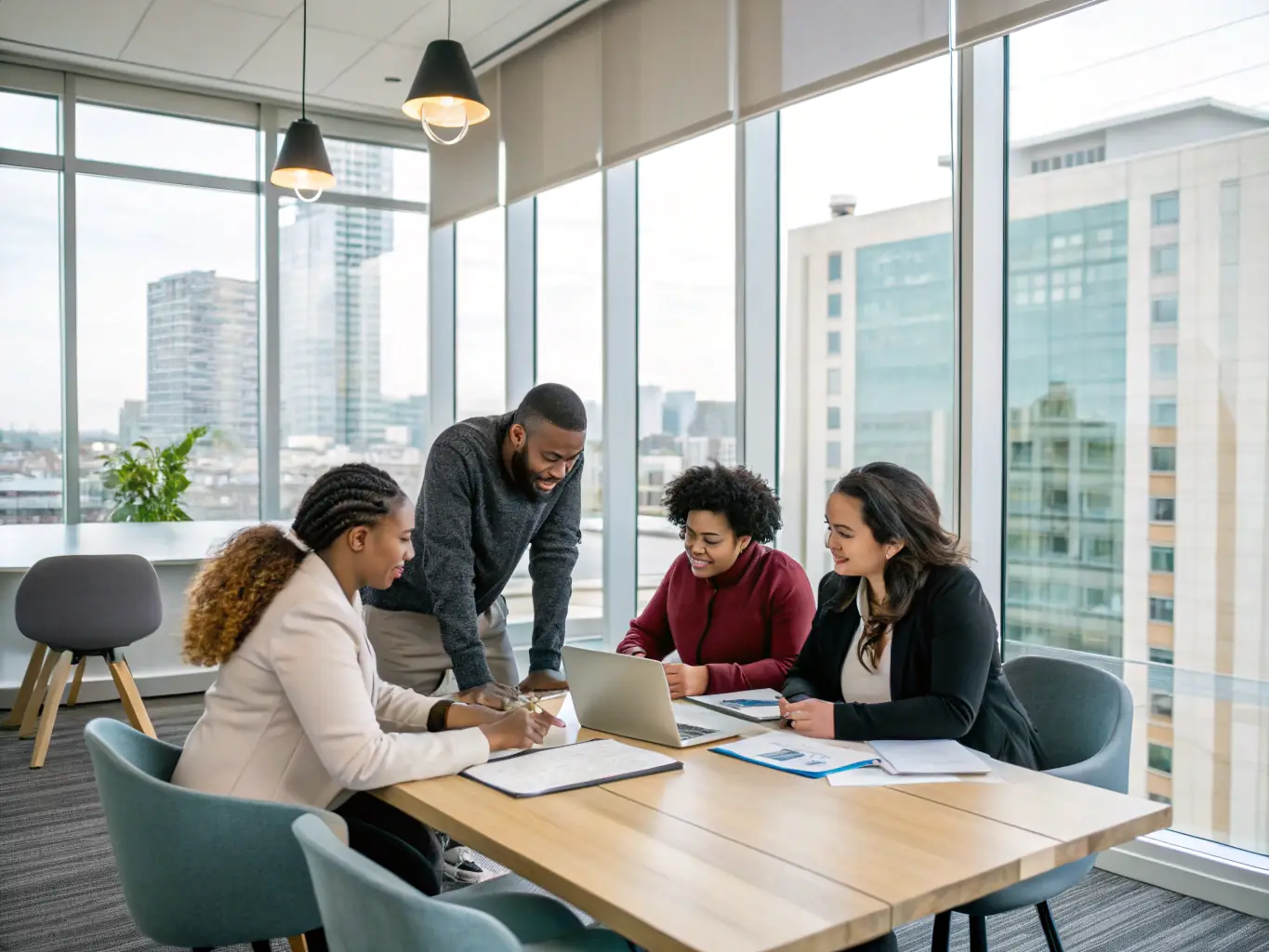 A group of diverse individuals, representing beneficiaries and stakeholders, are gathered around a table, smiling and shaking hands, symbolizing the successful outcomes and collaborative solutions achieved through expert consultation.